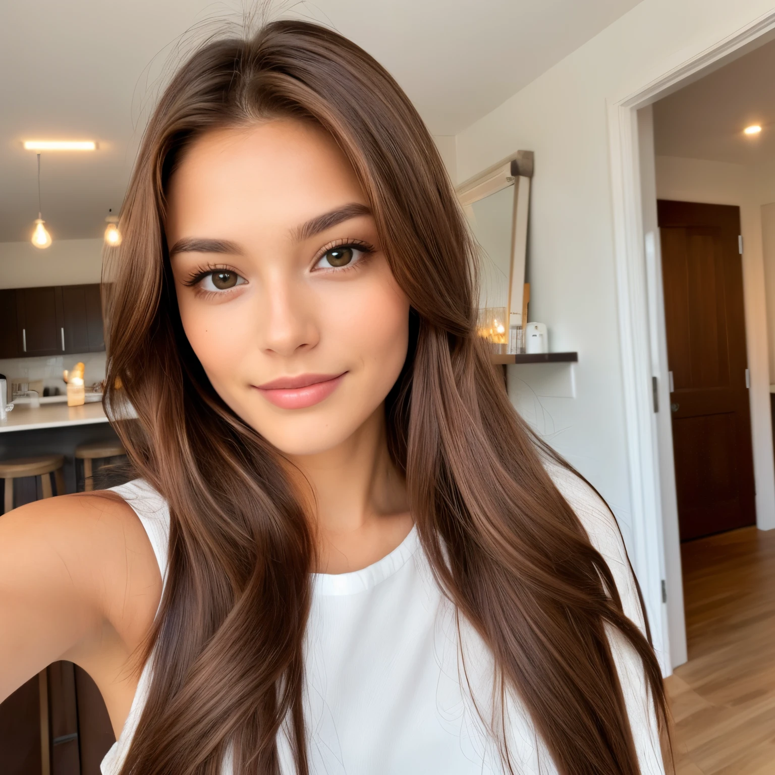 woman with long brown hair, hazel eyes and taking selfie