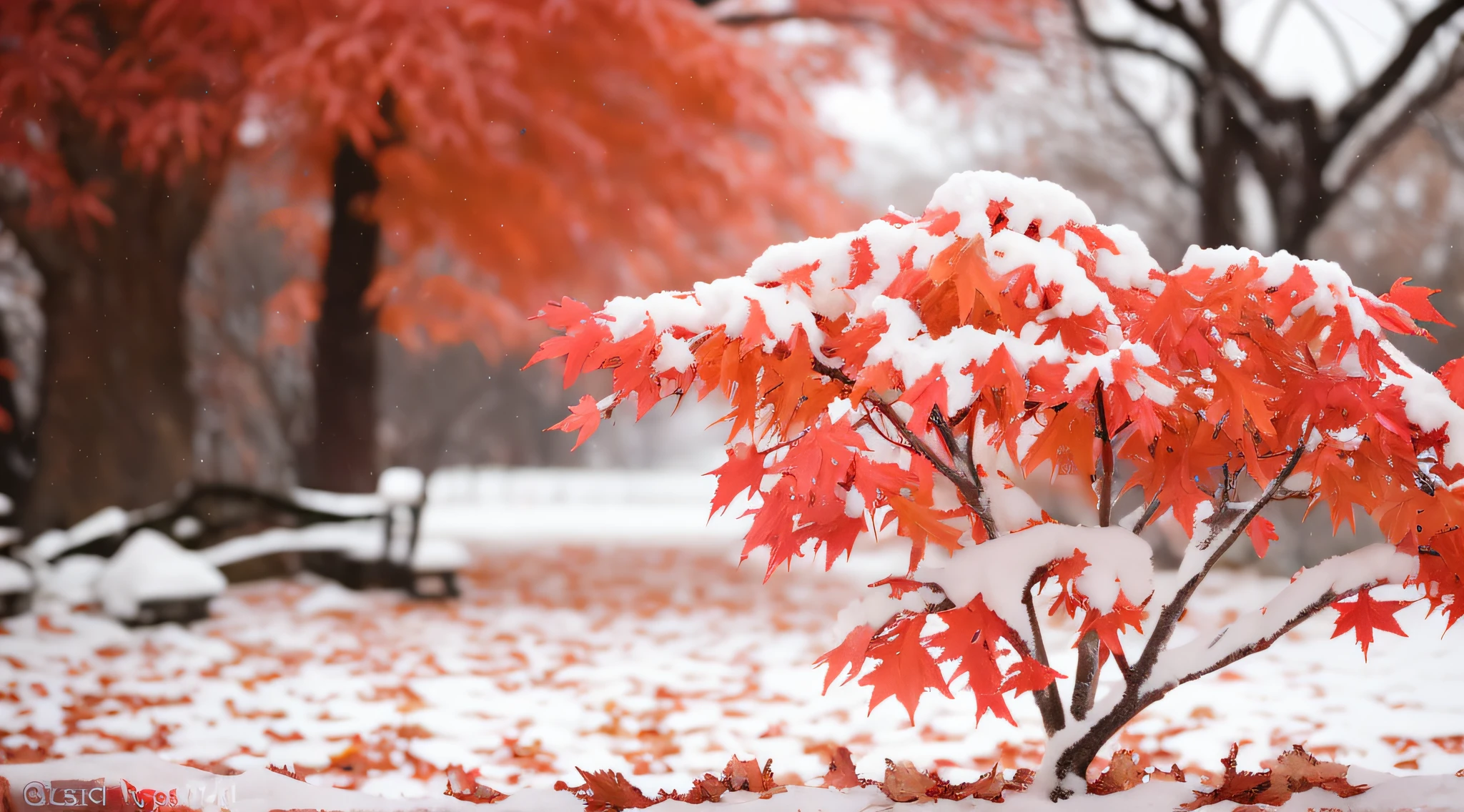 snowy scene of a tree with red leaves in the foreground, with snow covered colourful red, beautiful wallpaper, magical leafs falling, red and white colors, dusting of snow, autumn season, red leaves, maple tree, canadian maple leaves, red trees, red leaves on the ground, blood red leaves, very beautiful photo, gentle snow, red and white color theme