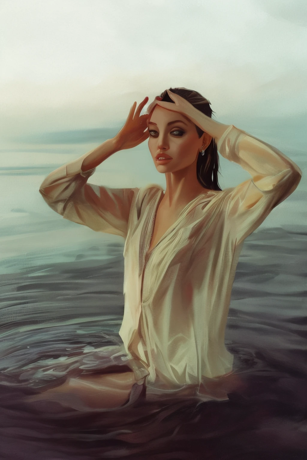 samdoesart, painting of anjelina jolie with a white shirt in the water, inspirado em samdoesart, Retrato cartoon em um rio, molhada