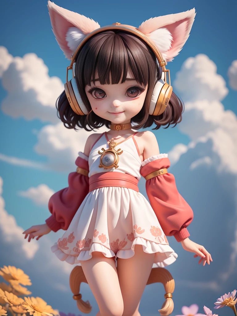 (master-piece)、(最高品質)、(ultra-detail)、(Esbian Full Body:1.2)、1 girl、chibi、little cute、smile、cloudy、brunette hair、Wolfcut、long neck、Short Hair Hair, long neck、Wolf ears、Ear Chemo、wolf'tail、red collar、judge'your outfit、long sleeve、bang、Headphones、dark hair、(beautiful detailed face)、(beautiful fine eyes)、、