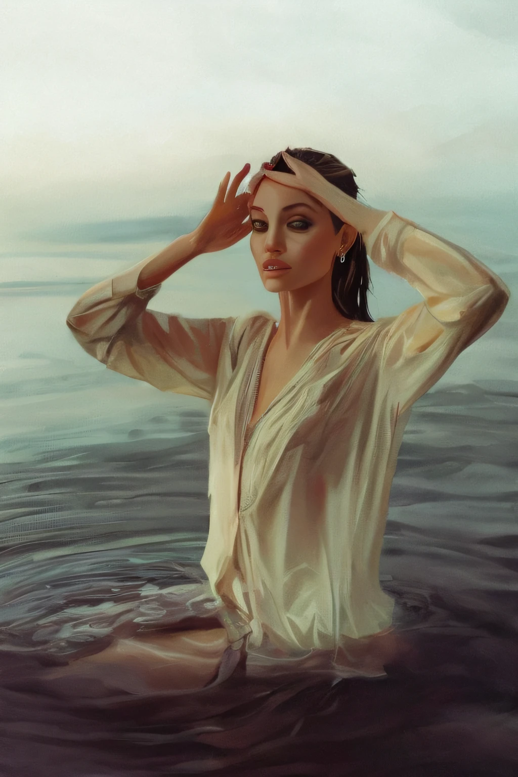 Samdoesart, painting of anjelina jolie with a white shirt in the water, inspirado em Samdoesart, Retrato cartoon em um rio, molhada