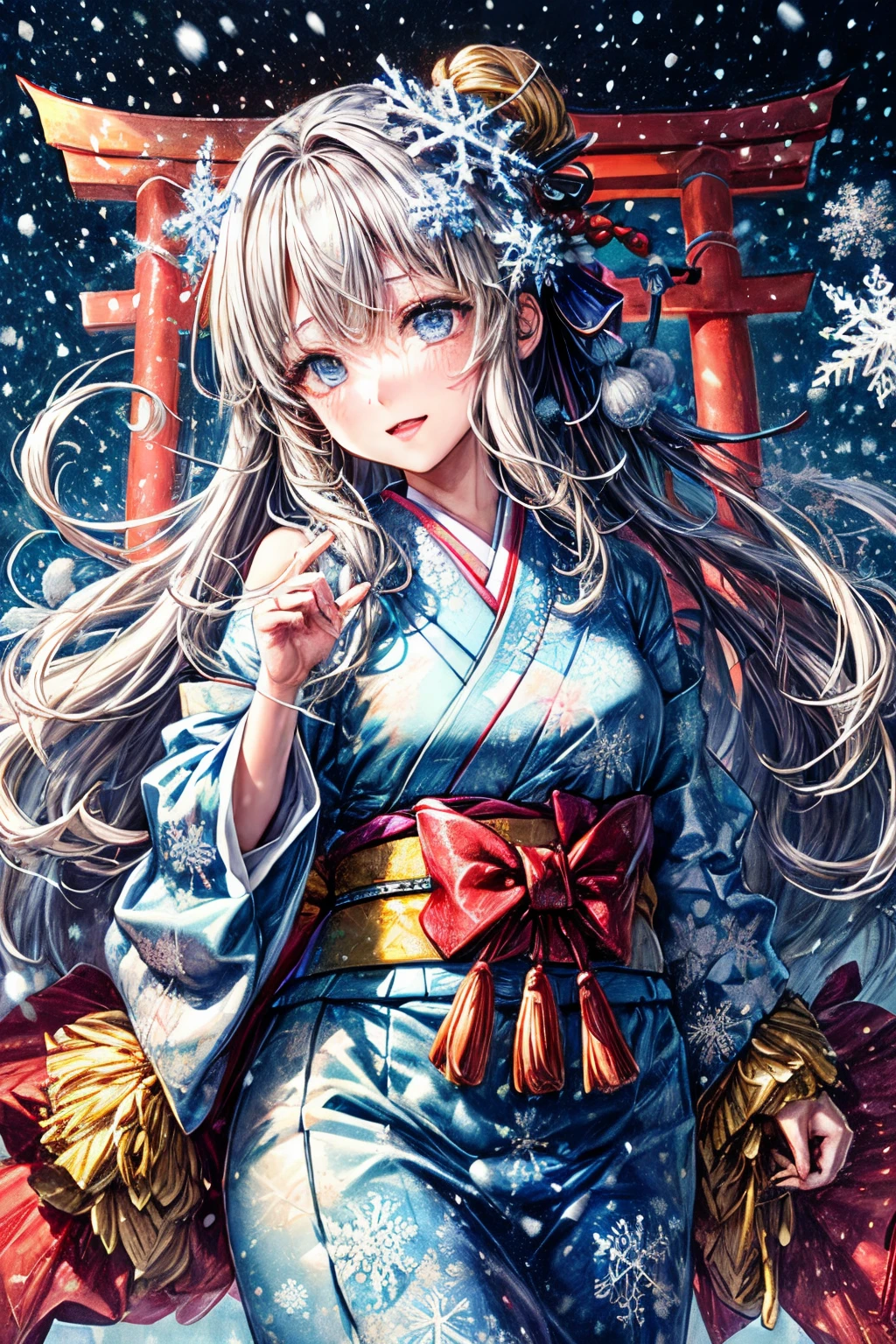 ((worst quality, low-quality)), ((a girl in)), Solo, (a closeup:1.3), (facefocus:1.4), ((half updo, Silver hair)), clear eyes and plump, plump lips, Beautiful light blue eyes):1.2), Spoken Heart, (perfect hand:1.3), (traditional Japanese clothing:1.2), (Wearing a kimono with a dragon pattern, Delicate and detailed embroidery:1.3), embarrassed, Standing, Looking at Viewer, Head tilt, (Snowflake, Falling snow:1.5), (light Particle, light glow:1.4), (( Japanese torii gate background)), high-angle shot, masutepiece, Best Quality, ultra-detailliert,