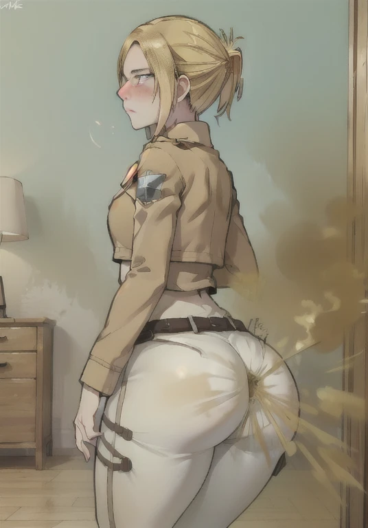 ((annie leonhart)),((velocity)),Attacked by farts, (((Women stand)),smiled,velocity,((classic town hall)),((One Woman)),((fart while stand),her butt facing screen,fullbody,blue eye,detailed eyes,blushing)),(​masterpiece:1.2、top-quality)、(the Extremely Detailed CG Unity 8K Wallpapers、ultra-detailliert、Best Shadows)、(细致背景)、(The best lighting、extremely delicate and beautiful)、depth of fields、1girl in、独奏 ,Women wear  scout outfit,Ephemeral,,(blonde),(scout regiment outfit)),((((Girl  embarassed when she smells the bad smell of farts)))),outfit like a scout regiment,((((profile facing diagonally)))),((i&#39;I closed my mouth with hand feel embarassed...)),((massive fart)),((fart text))