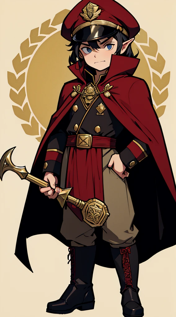 captain, black uniform, gold rank insignia, red cloak, black captain's hat, black boots, hobbit proportions