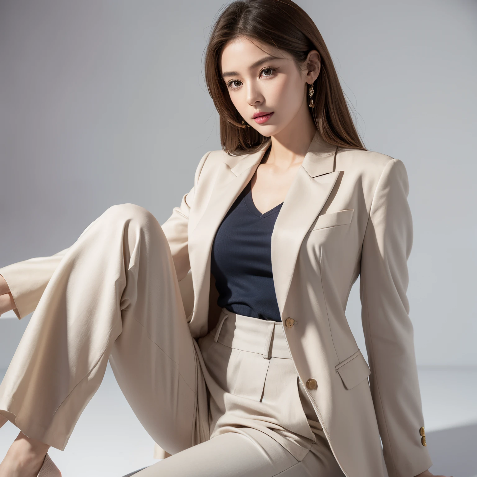 mix4, (RAW photogr),(Best quality at best), (realisticlying),( white backgrounid:1.2), ,,one-girl, The upper part of the body, Highly detailed face, ssmile,[Ash Blonde | ginger pubic hair | brown gray hair], XT3, beiges、Camel、High-waisted pants in a neutral color like silver or blue, Pair with a silk shirt and structured blazer, Create a sophisticated and powerful look,