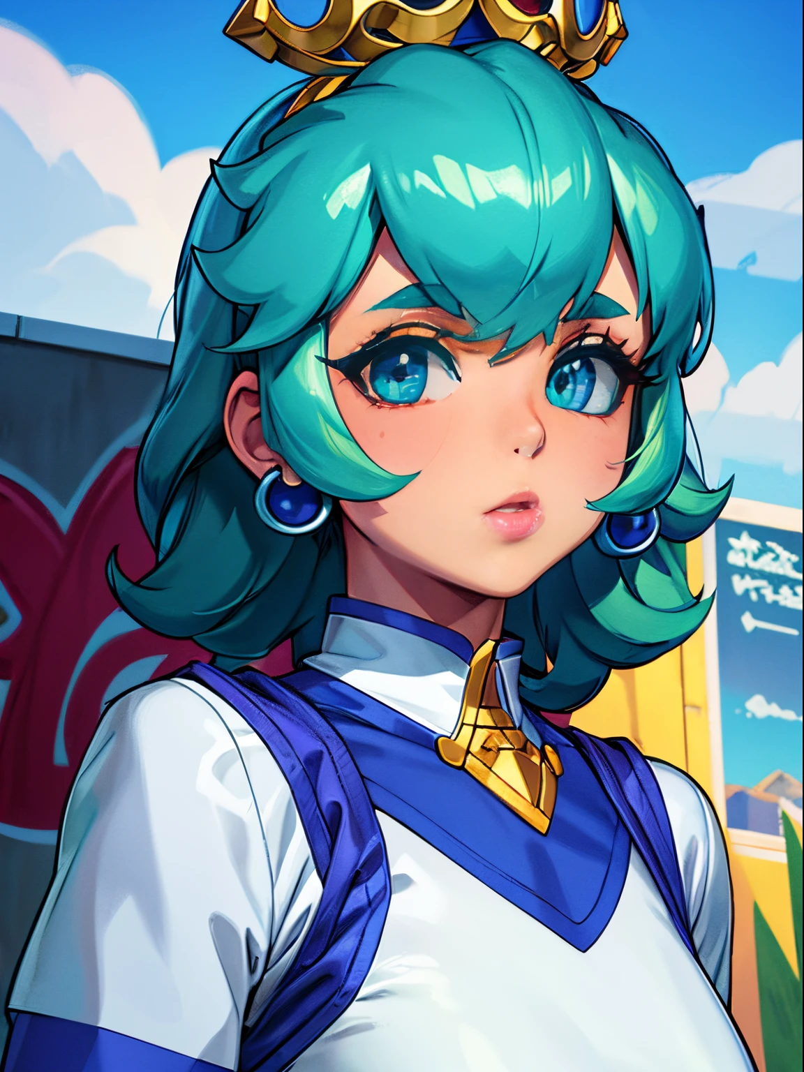 (best quality), master part, extremely detailed uniform CG 8K illustration, alta cor, extremely high color saturation, todas as cores aprofundadas, pintar, arte do grafite, Center Composition, luz e sombra extremamente detalhadas, muro de grafite, parede pintada brilhante, 1 menina graffiti 1 menina olhando para a parede, rosto e olhos extremamente detalhados, medium-length hair, Sportswear, nuvens coloridas, princesa prach