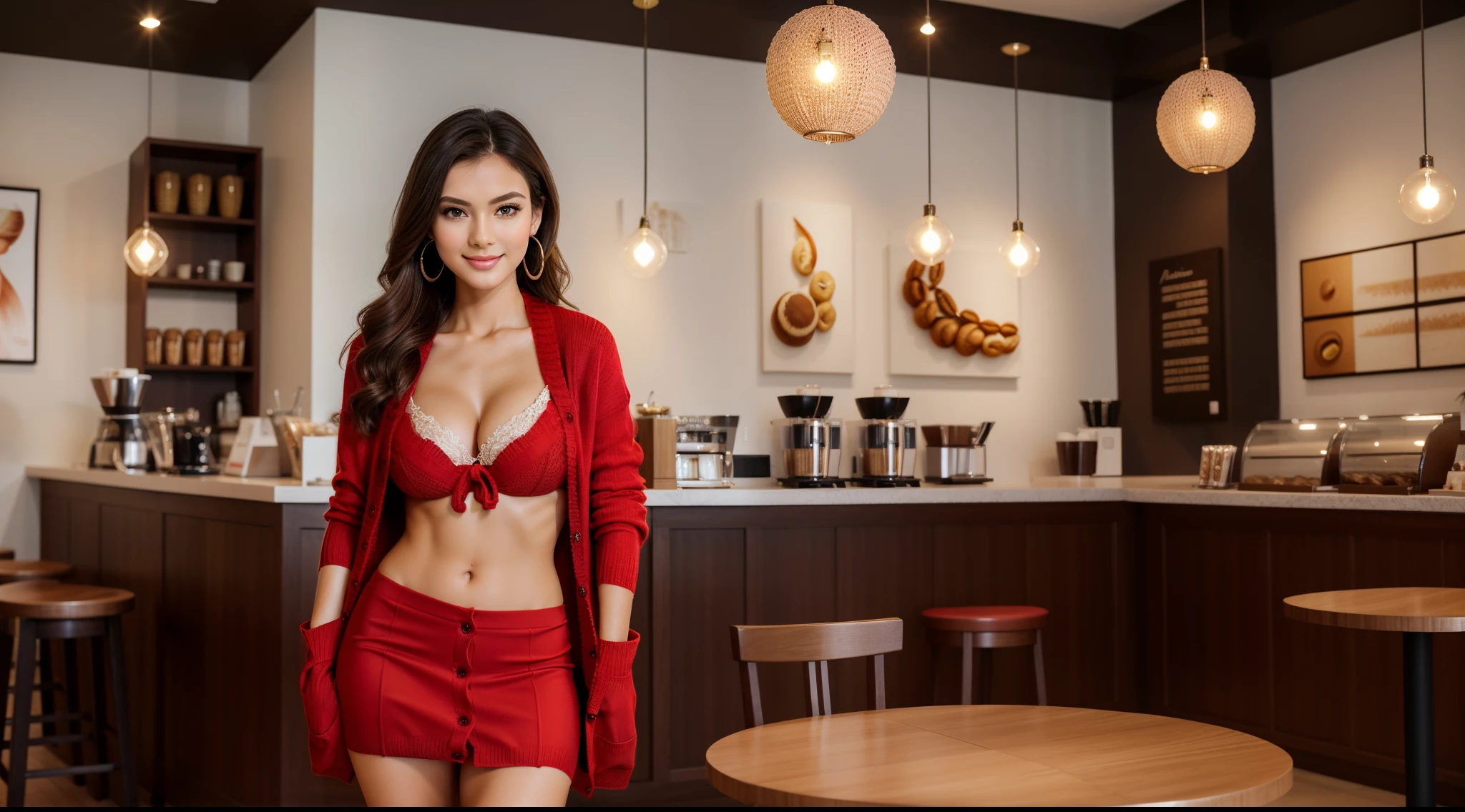 ((a girl (stand:1.2) (alone:1.6) in a room)),((full-body:1.2, cinematic-shot)),(best quality,4k,8k,highres,masterpiece:1.2),ultra-detailed,(realistic,photorealistic,photo-realistic:1.37),(beautiful and aesthetic:1.2),(film grain:1.3).

[(1girl),(solo),((1 person)),(17years-old),[Raiana-Elizabeth-Dilla],pearl skin,(skin pores:1.1),beautiful detailed eyes,beautiful detailed lips,extremely detailed eyes,longeyelashes,extremely detailed face and skin texture,(skin texture:1.1),black hair,tall and slender body,(192cm tall),thin and delicate figure,graceful posture,flawless skin,defined abs,perfect curves,feminine appearance,beautiful long legs,embodying elegance and beauty,(cleavage breasts,large breasts:1.4),((wearing a sexy ((red) cardigan:1.4) with ((red) ultra-short miniskirt:1.4)),extremely detailed and realistic (red) clothes,(shiny skin),((sharp focus:1.5)),(earringeathers:1.5),(happy expression,full smile)].

[cozy coffee shop,modern interior design,wooden furniture,barista serving coffee,aroma of freshly brewed coffee,espresso machine,cappuccino,latte,pastry counter,delicious pastries,comfortable seating,soft lighting,relaxing atmosphere,artwork hanging on the walls,vibrant colors,coffee beans,steaming cups,reading books,newspapers and magazines,coffee shop ambience].

Official art,extremely detailed,Angelic ethereal beauty,award-winning photography,professional photography,depth-of-field,bokeh.