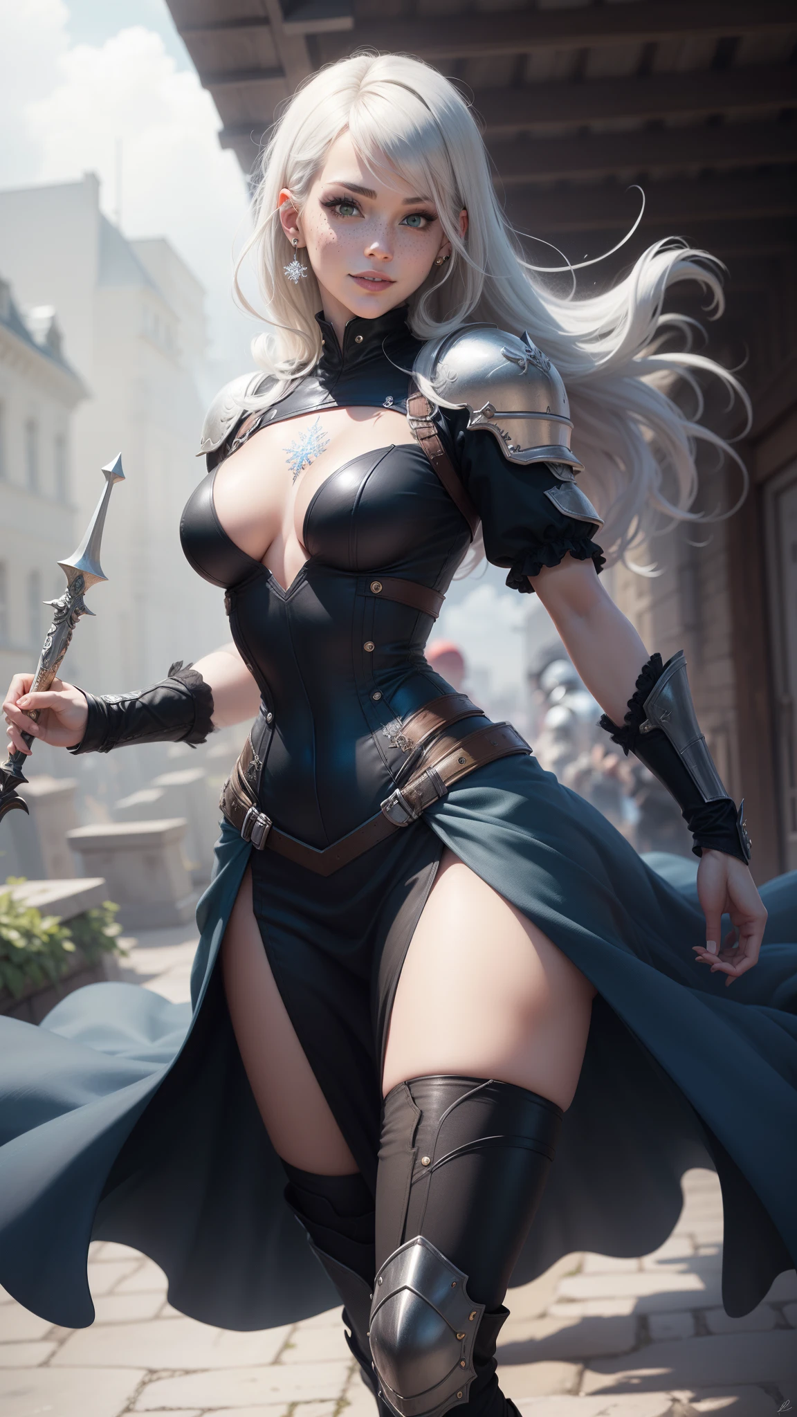 gwen tennyson,yorha 2b,tracer,claire farron,overwatch,atelier ryza,close up,battlefield,tattoos,black and white plugsuit,white short sleeve knight top,short sleeve knight full plate armor,long black knight skirt,steel knight corset,long hair,princess makeup,green eyes,multicolored silver hair,long dress train,sexy smile, freckles,beautiful girl,knight thigh high boots,large breasts,8k,ultra detailed,realistic,fantasy art,silver knight uniform,queen gown dress,hair pin,ear piercings,snowflake hand and neck jewelry,(weather:windy), long royal blue knight coat,holding a long sword,running fast,
