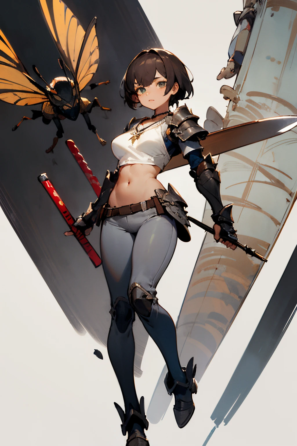 ((best quality)), ((masterpiece)), (detailed), tomboy girl from kamura village in monster hunter rise,
with short hair two block in the middle part and black to brown color, her eyes is decorated with yellow iris, and dark skin. with standar tall. G cup breasts. with normal body shape
the weapon is one Insect Glaive with dark color. Insect glaive is a long stick with a sharp tip. the weapon is even bigger compare to her. her weight is normal like the other girl at 20's. the body is formed.
the outfit, she wear a WHITE to LIGHT GREY tanktop without body armor with a little necklace and the stomach is seen. with iron dark hand armor, iron dark foot armor, iron dark pants armor.