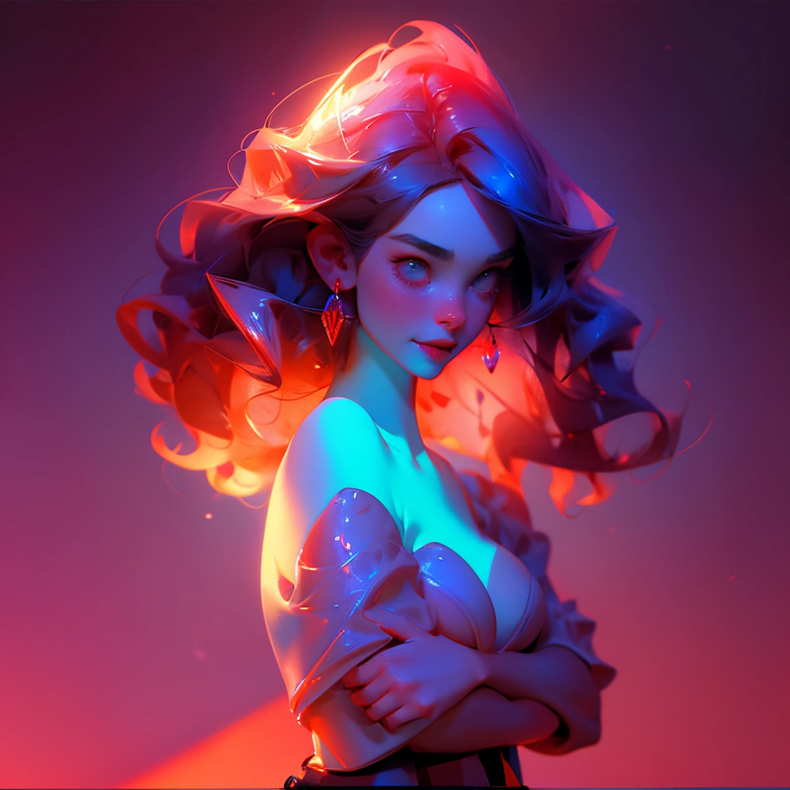 Beautiful nude woman with massive breasts. The breasts are not covered by anything. Red full lips, black hair, hair bobbles, wince, longeyelashes, solid circle eyes, light smile, ear blush, fang, rainbow hair, curly hair, long hair, hair over shoulder, x-shaped pupils, eyeball, crystal earrings, makeup, open mouth, tongue, Surrealism, drop shadow, anaglyph, stereogram, tachi-e, pov, atmospheric perspective, glowing light, ray tracing, reflection light, 8k, super detail, ccurate, best quality. In background fancy restaurant. Bedroom in background. woman lies on the bed. Fancy transparent and translucent shiny blue dress showing nipples.