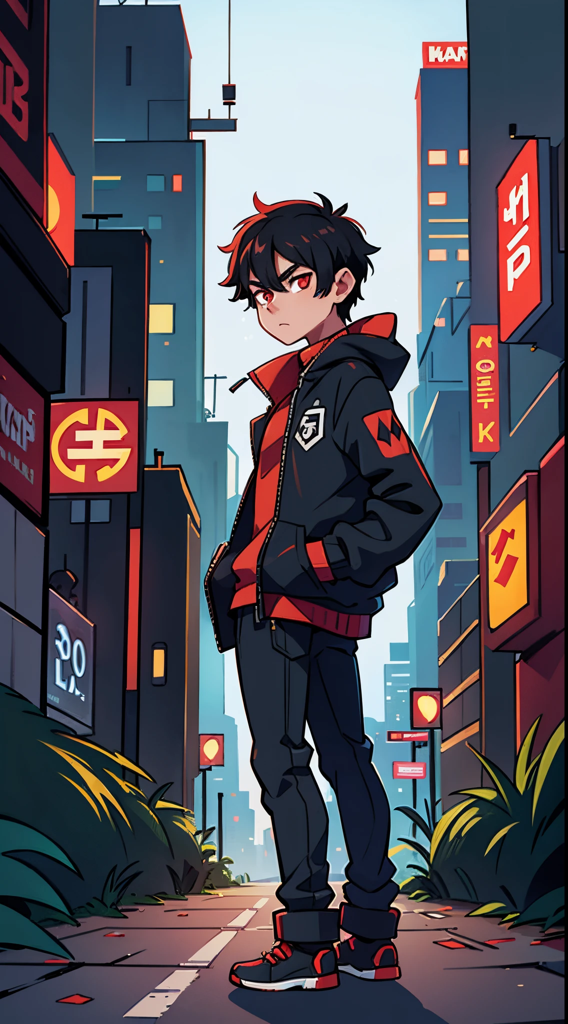 1 male black haired , black jacket, red eyes , looking back, night time, in cyberpunk city, hands in pockets