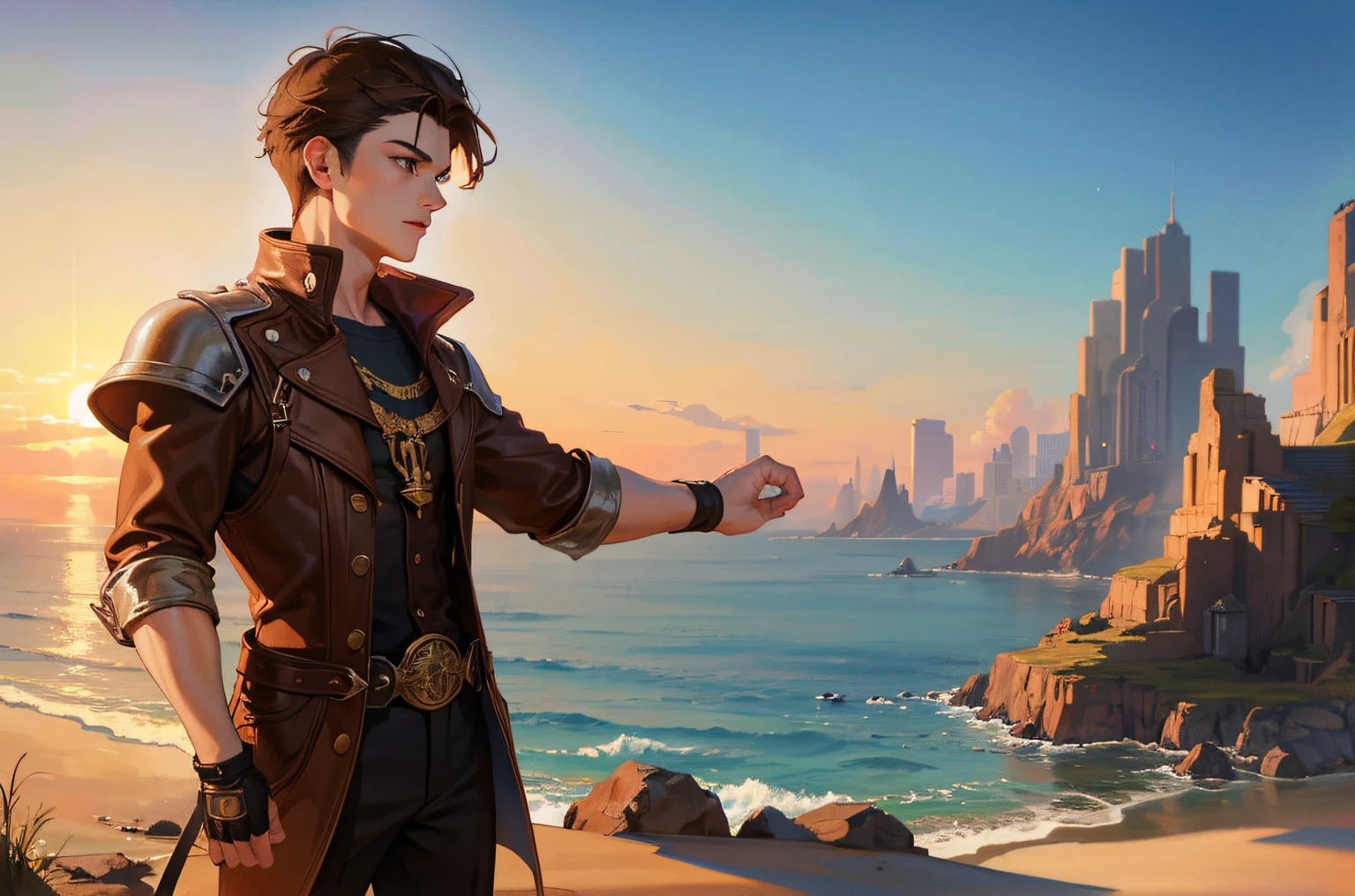 young man, brown hair, blazing fist, looking out on the horizon, fantasy country, masterpiece, high res, ultrasharp, 8k