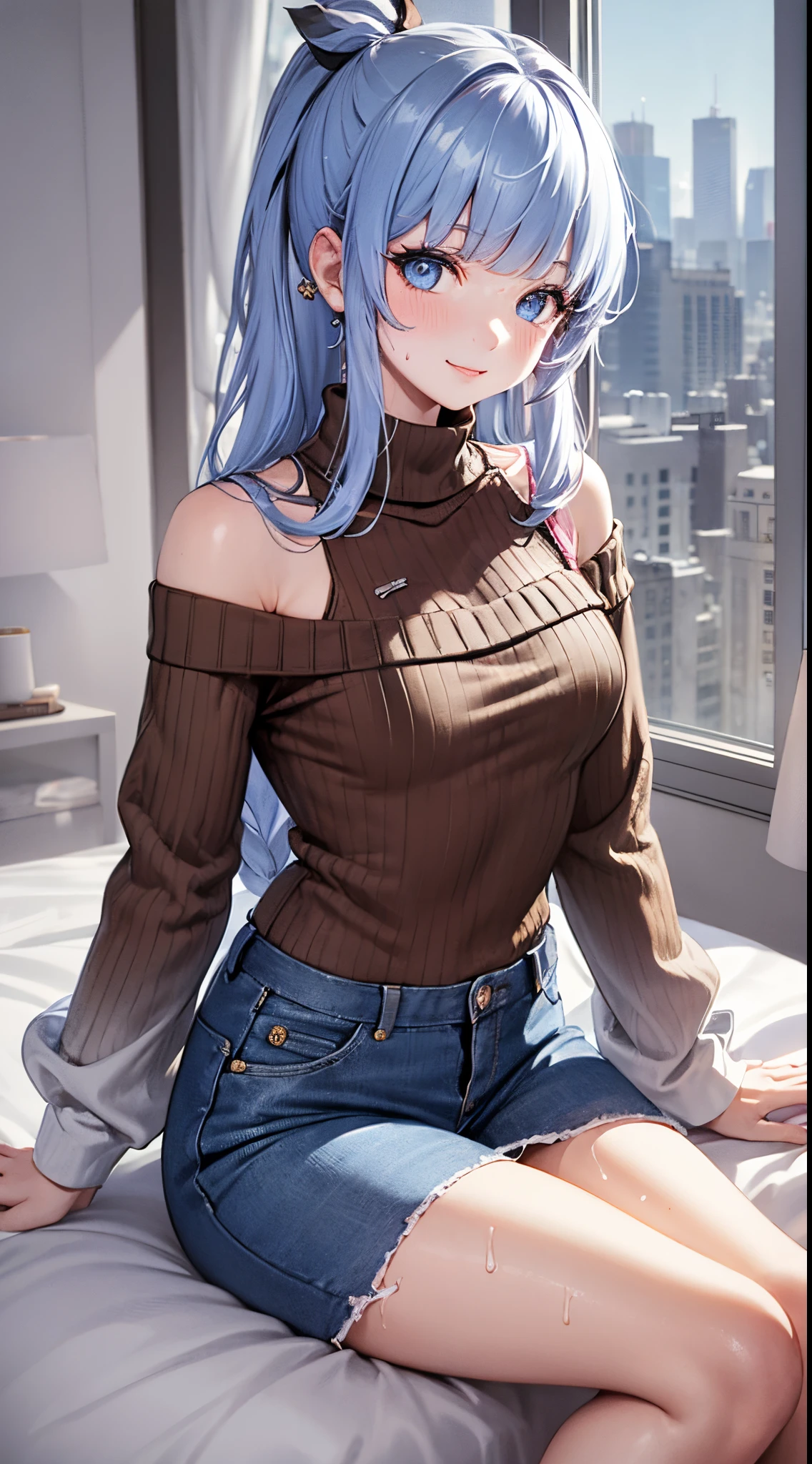 Character Details:, - Gender: 1 Girl. - Style: Anime, - Body Type: Attractive body, slim body, nice legs, slim tights, nice arms, nice shoulders. - Breast: (Small Breast:1.1), (Cleavage), (Nipple). - Facial Feature: Beautiful, Gorgeous, r, Fresh, Young. - Expression: Shy, Smile, Horny, Pink Blush on Face, Sexy Eyes, Sexy Look, (Sweating:1.4), Innocent Look, Tipsy. - Hairstyle: Blunt Bangs, Long Hair. - Hair Color: (Light Blue Hair:1.5). - Clothing: (Sweater:1.6). - Body Pose: (Selfie:1.1). - Behaviour: Waiting, Want Something, Secretly. - Accessories: Earrings., Environmental Details:, - Setting: Bed Room., - Lighting: Natural Light., - Decoration: Modern Bed, Chair, Window, White Curtain, City View. Top view. pov, anime style, UHD, retina, masterpiece, accurate, anatomically correct, texture