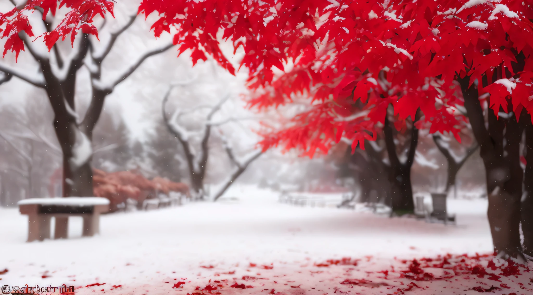 trees with red leaves on them in a snowy park, with snow covered colourful red, red leaves on the ground, red and white colors, magical leafs falling, autumn season, red trees, beautiful wallpaper, red and white color theme, glimpse of red, snow fall, dusting of snow, light snow, light snowfall, red leaves, snowing