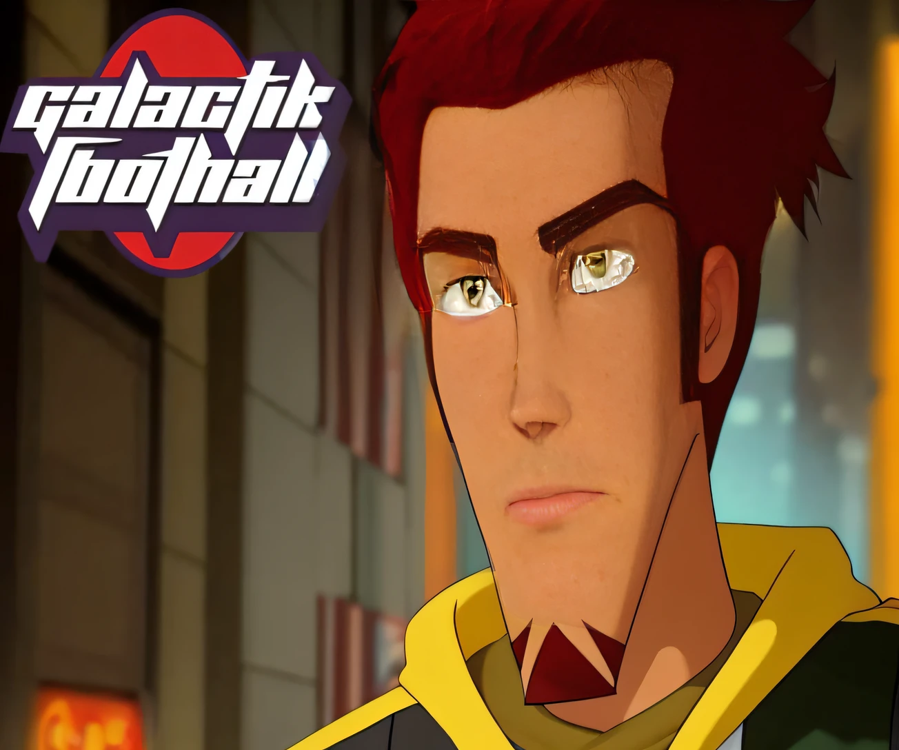 a cartoon of a man with a red hair and a yellow hoodie, name of the character is chad, animated series, official art