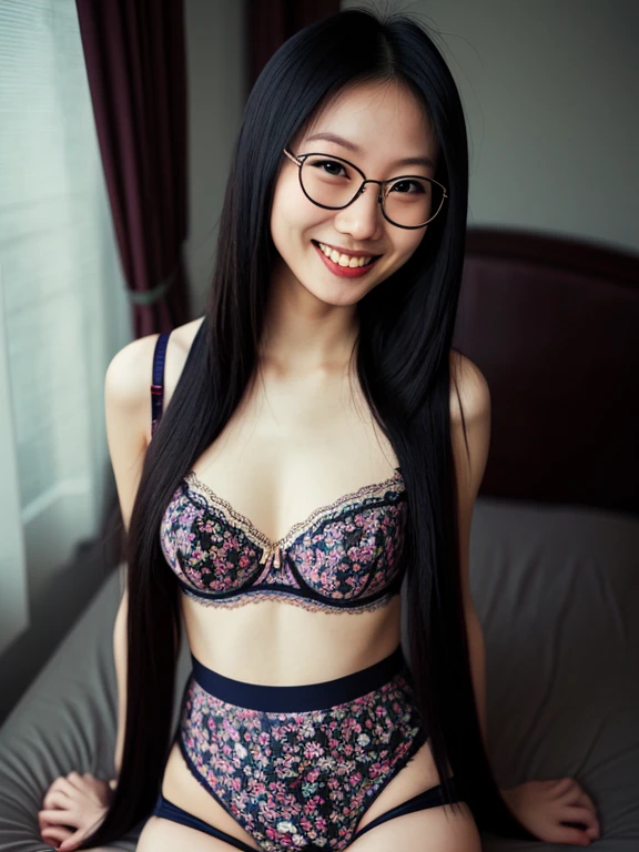 asian, glasses, sexy bra, smile, sexy panties, sexy pose, long straight hair, long legs, tights