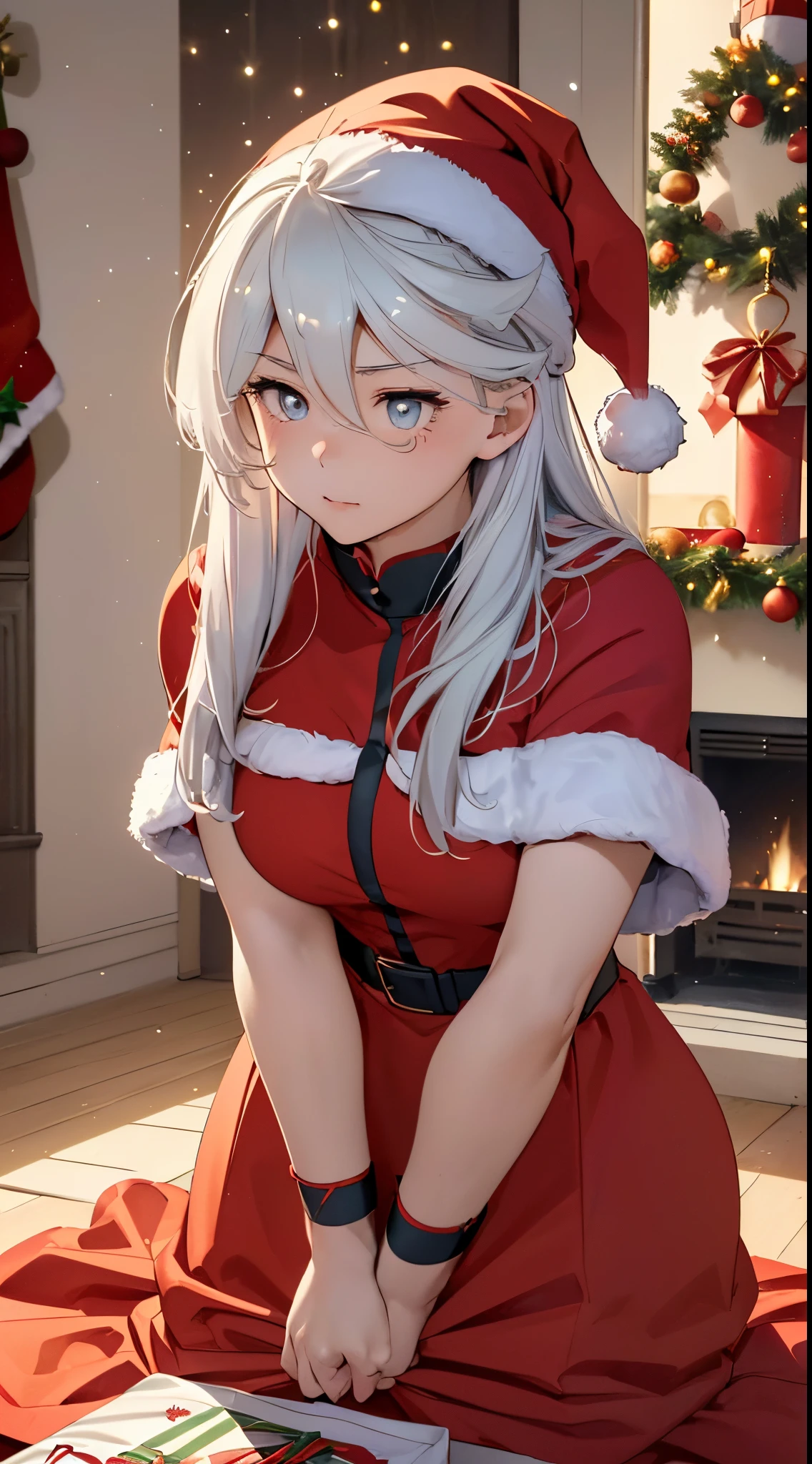 top-quality、Top image quality、​masterpiece、teens girl((Christmas、Santa's Hat、18year old、 Ager、Best Bust、big bast,Beautiful wide open light blue eyerest, a blond、A slender,Large valleys、dye one's cheeks red、Reflecting the whole body、Laugh、holding a white christmas gift bag、red cloak、Shy face、embarassed face、,Leaning forward、saluting)),hiquality、Beautiful Art、Background with((my stylish night room、Christmas Wind、Stove、Red carpet on the floor、fireplace、Christmas tree、Red bed、Kotatsu、Christmas present)))、masutepiece、depth of fields