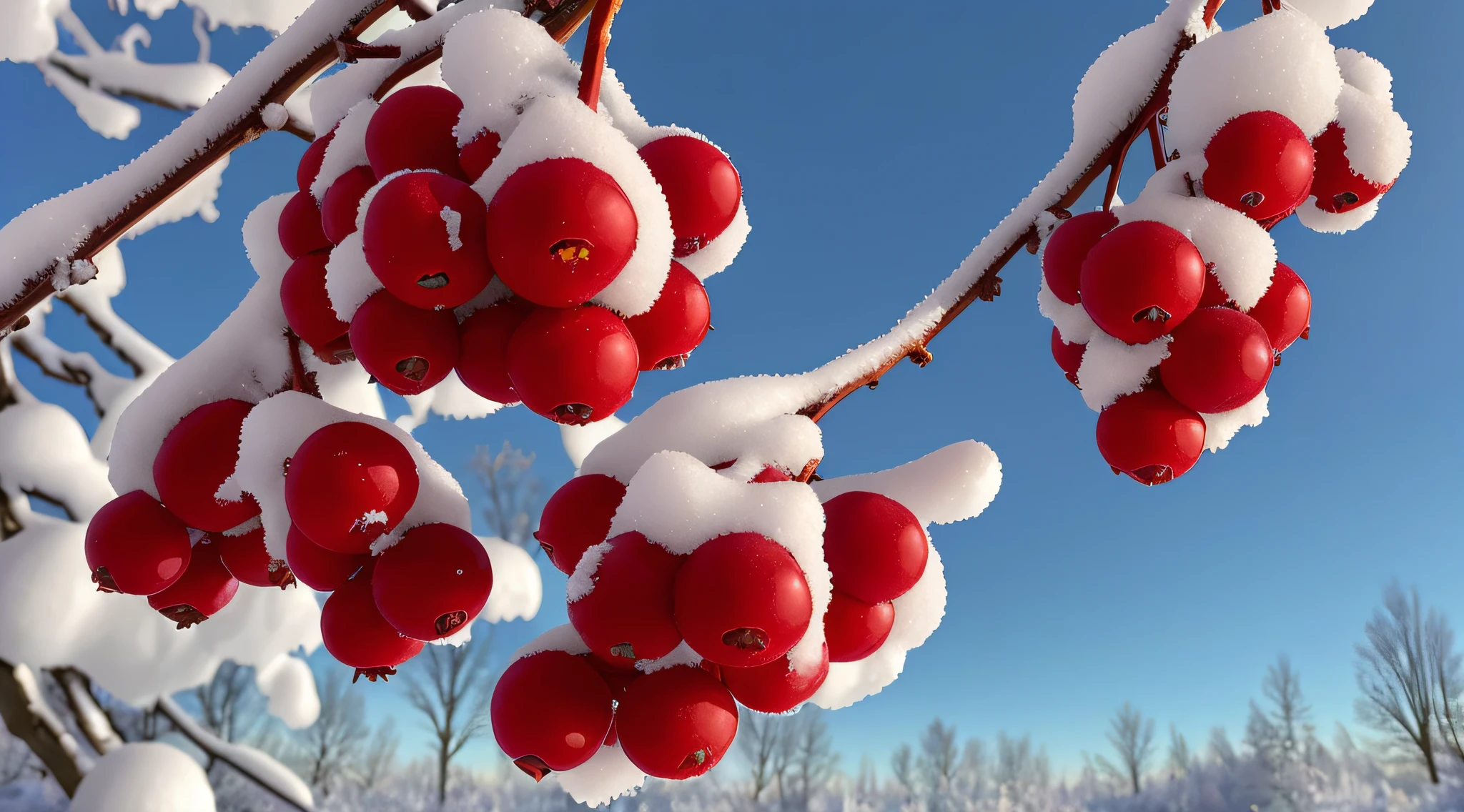 araffy red berries are covered with snow on a tree, with red berries and icicles, “berries, winter vibrancy, berries, berries dripping, with snow covered colourful red, snow and , red and white colors, inspired by Arthur Burdett Frost, submerged in cranberries, cold but beautiful, jungian symbols of winter, ivan shiskin, frost