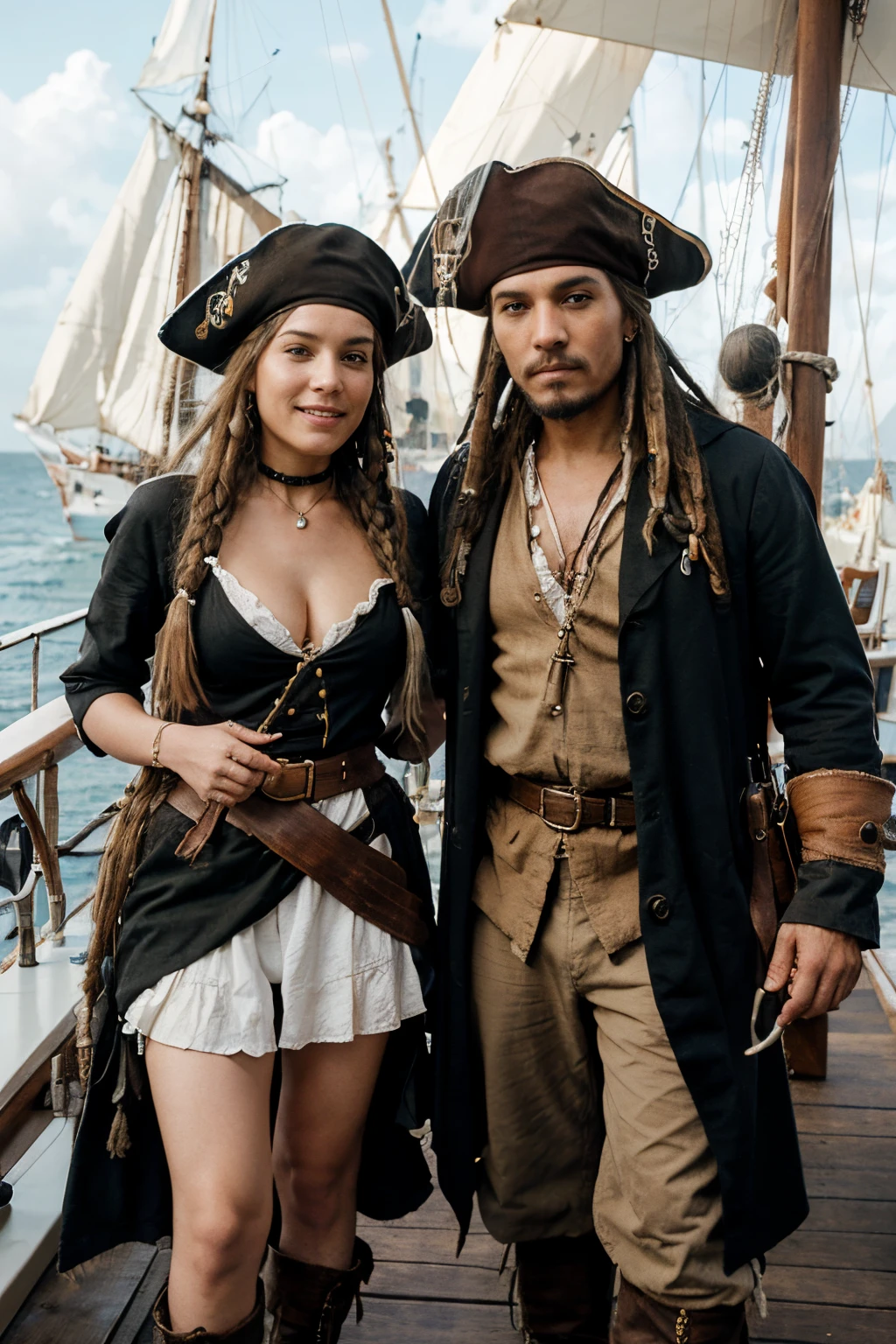 female pirate in pirate clothes and pirate boots with short brown hair along with a thin man sitting on a mountain of gold coins next to an open chest with gold coins, On the beach with palm trees, faces full face