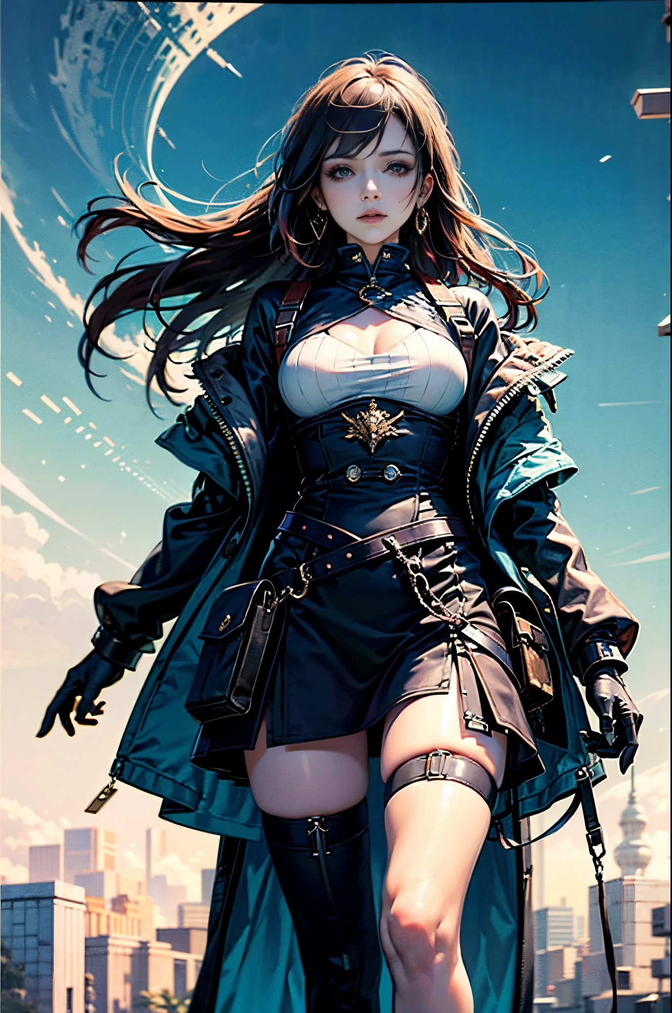 Mulher no vestido azul e gravata azul, blue undergarments, espartilho ciano, traje com detalhes azuis, upper torso included, Roupa aberta v peito, avatar da parte superior do corpo, hands behind her body pose!, torso curto, Retrato do meio do corpo, ESPARTILHO AZUL, tronco largo, design de roupa clara, tipo de corpo invertido