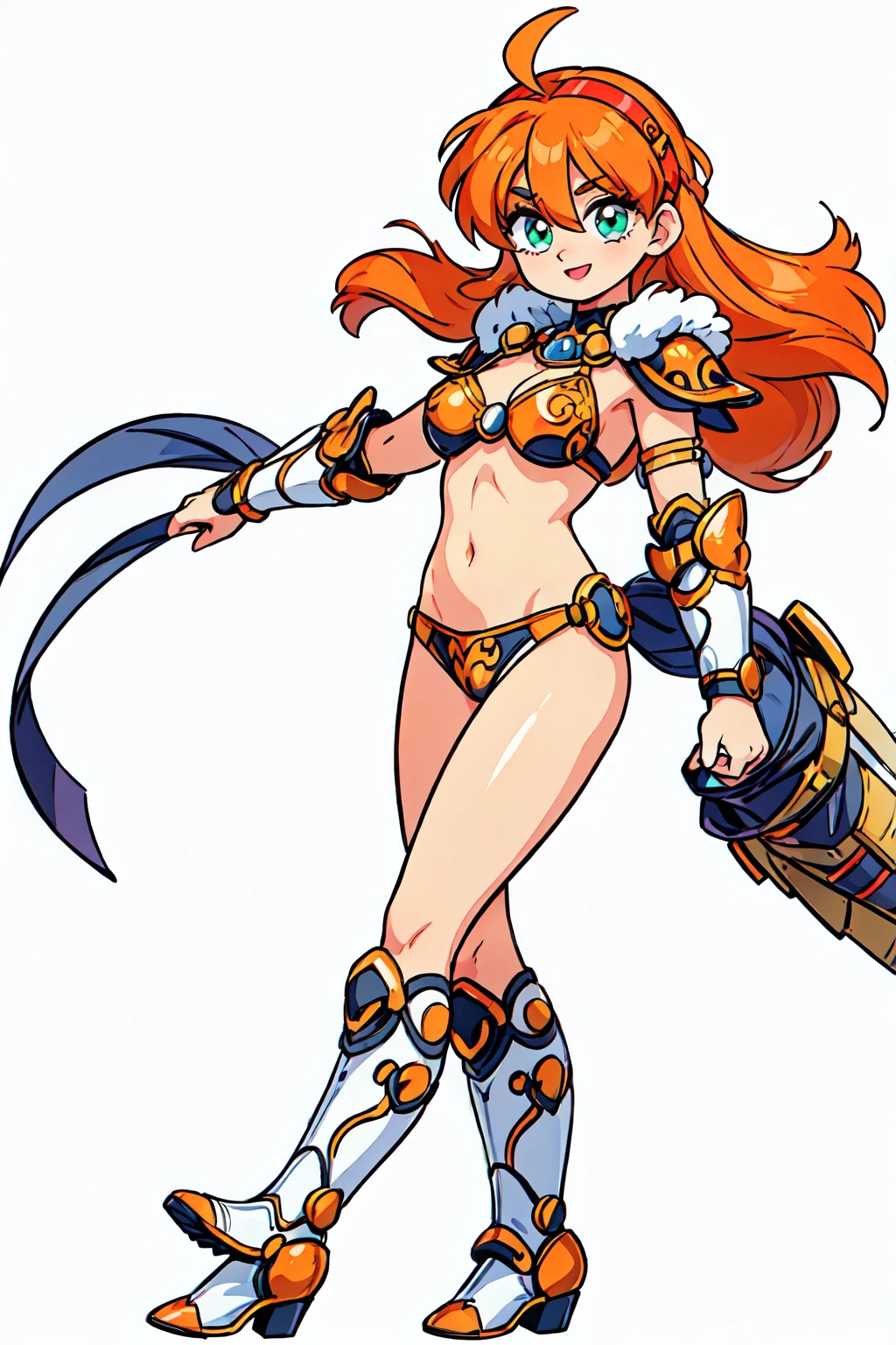 "(masterpiece:1.1), best quality,
1girl, (80s anime style:1.3), (eyelashes:1.5),
(intricate high detailed body:1.2),
(orange hair:1.1), (hair between eyes:1.1), (long hair, straight hair:1.1), (headband:1.1),
green eyes, (lip stick:1.3), (thick eyebrows:1.1),
(dark skin:1.2), (slim body:1.1), (gigantic breasts:1.1),
(happy, smile:1.2), open mouth,
(bikini armor:1.2),
(knight armor, armored boots:1.2), (fur:1.1), (jewelry:1.1), long gloves,
standing, peace sign,
(dynamic pose:1.1), (full body, looking at viewer, from front:1.1),
(simple white background:1.2)"