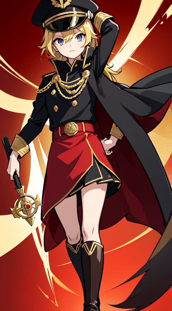 girl captain, black uniform, gold rank insignia, red cloak, black captain's hat, black boots,