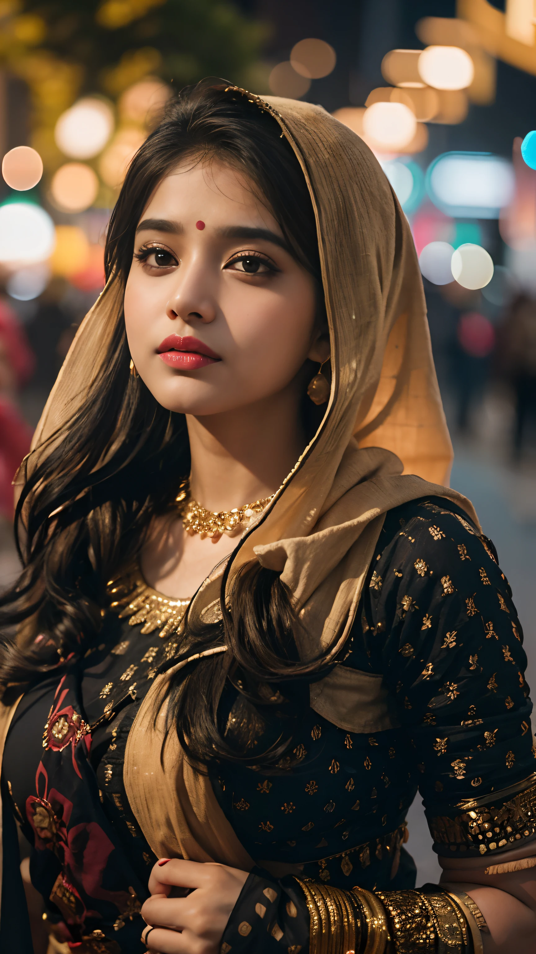 (((desi girl))), chubby face, natural skin, wearing hot deep neck top and dupatta, charming black hair, ((hair ends are blonde)), city streets background, bokeh
