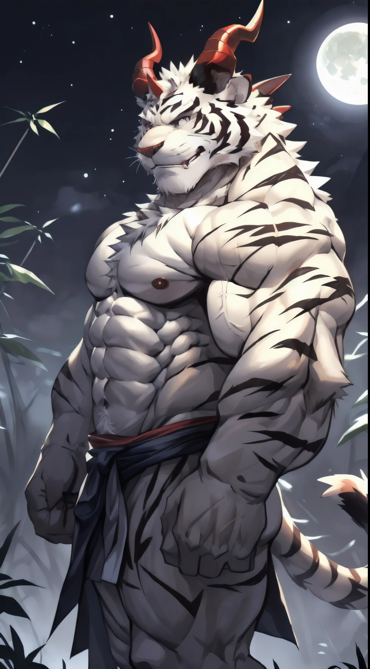 detailed features, full quality, best quality,4K HD, (extreme detail), ((solo)), (anthro White Tiger) WhiteTiger , mature, masculine, (Bodybuilder) ,(slim:2.1), (strong pecs), (correct anatomy:1.2), vascular veins, (cartoon fur, detailed fur texture:1.3), , (shirtless, wearing  Japanese Samurai cloth:1.3), Full body Character, Character in ceter, ultradetailed, (by wfa:1.2), (by takemoto_arashi, by vorusuarts, by Traver009:1, by grimfaust:1), natural lighting (Bamboo Forest_Night_Full moon background), ((detailed face, detailed eyes)), (smirk face,confidence look),(Red Horn:1.6)