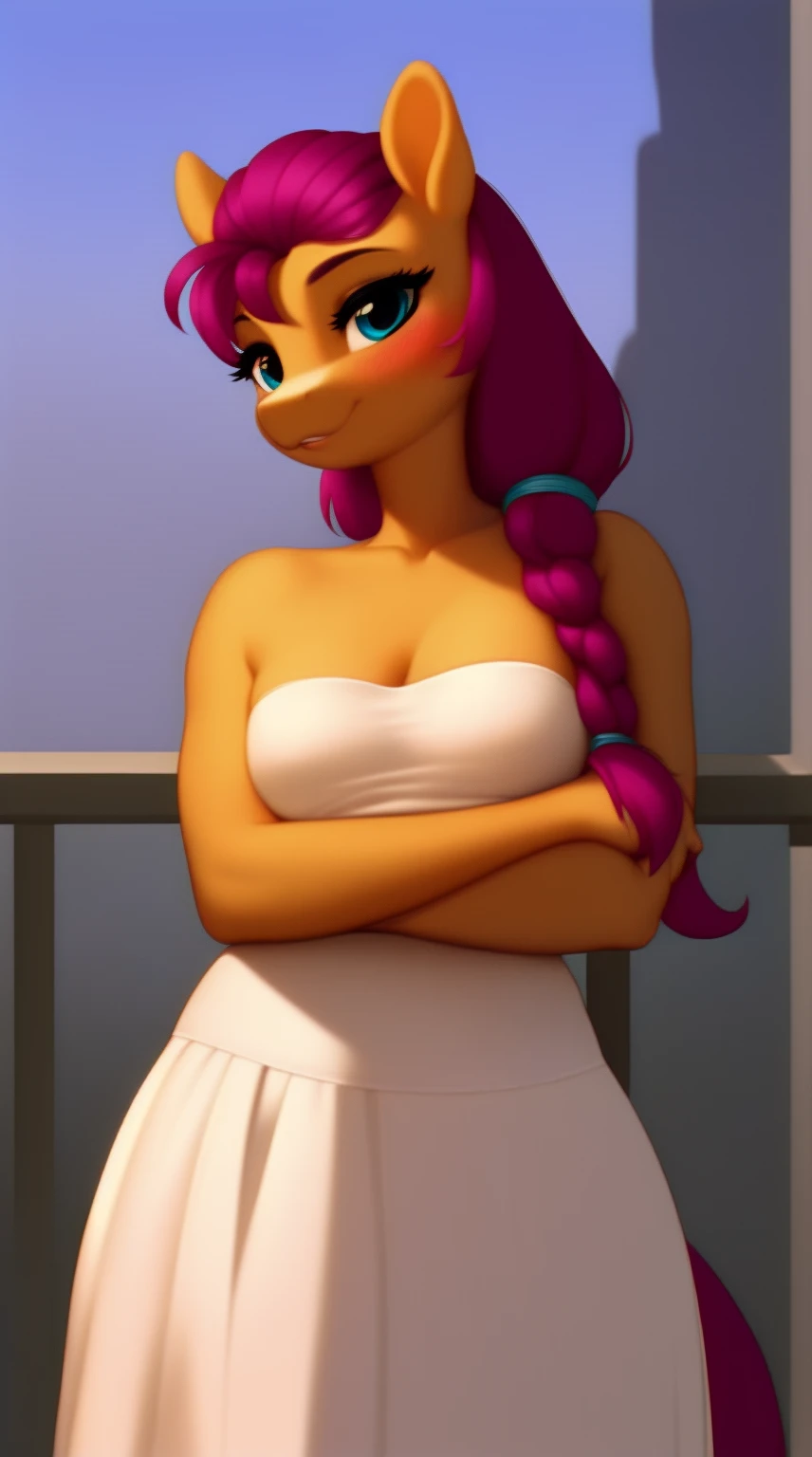 (score_9), (source_pony), (solo), (earth pony), ((anthro Sunny starscout :1.1)), (strapless dress), sexy, blushing, seductive look, long braided hair, anatomically correct, night garden, flat chest, half body, anime art style, solo, hourglass figure, curvy, plump body, young, short, chubby, cute, high res, facing straight at viewer,