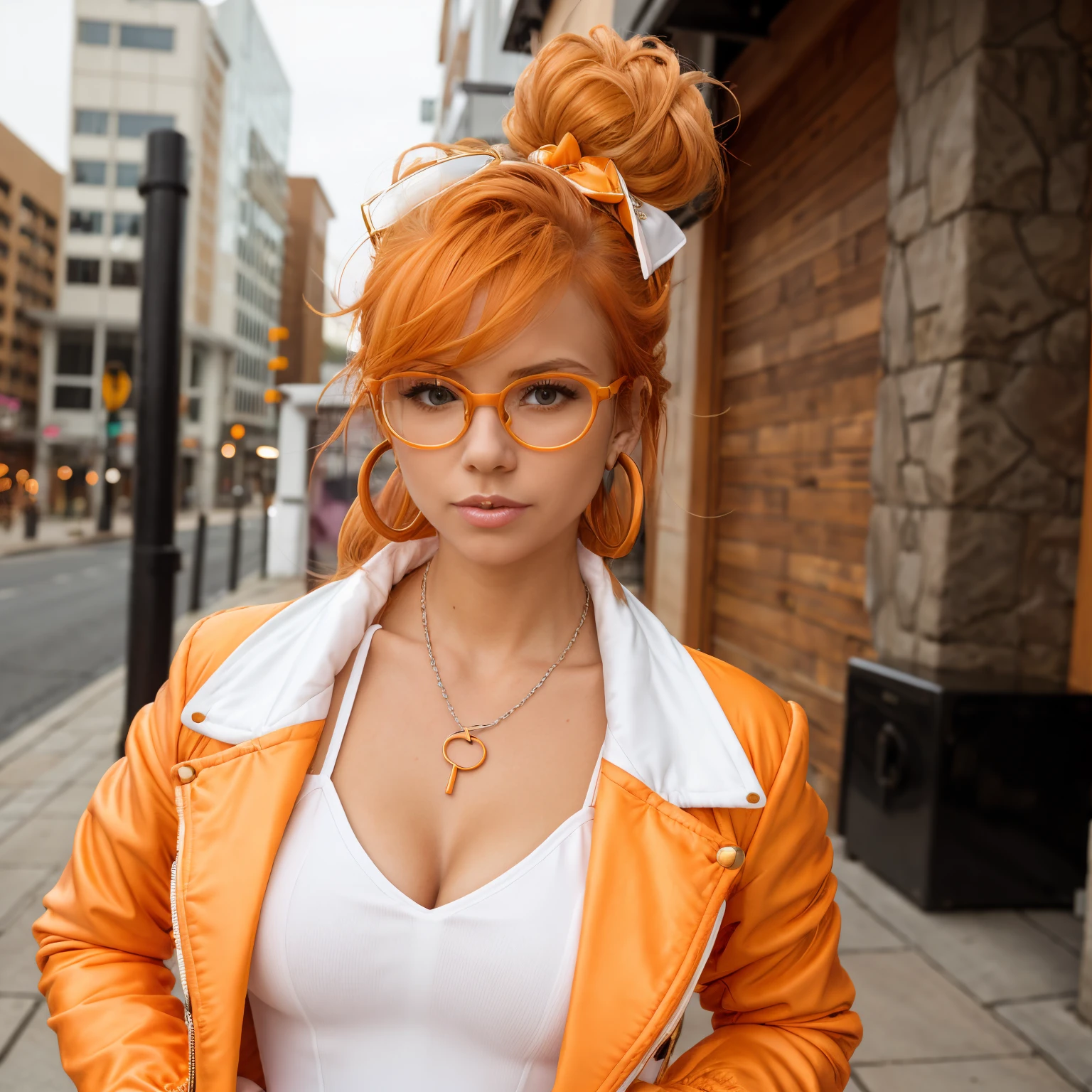 1girl, solo, yorigami jo'on, orange hair, drill hair, eyewear on head, orange eyes, jewelry, bow, white dress, purple jacket, pendant, earrings, hat, standing, hand on hip, looking at viewer, one eye closed, smirk, outdoors, city