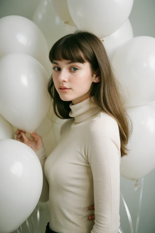 fashion portrait photo of beautiful young woman from the 60s wearing an orange turtleneck standing in the middle of a ton of white balloons, taken on a hasselblad medium format camera