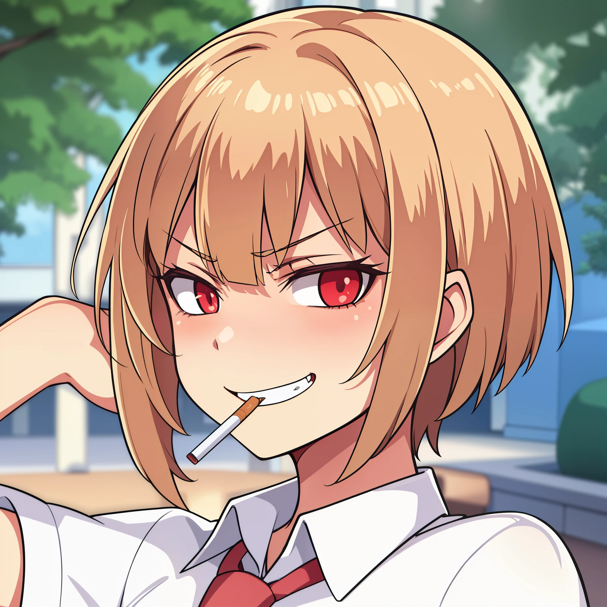 hiquality, tmasterpiece (one girls). hooligan. cigarette in your mouth. Fangs of teeth. Sullen face. blonde woman. Short Hair Hair. brown eye. white shirt. red tie. Hand in Hair. against the background of the park.