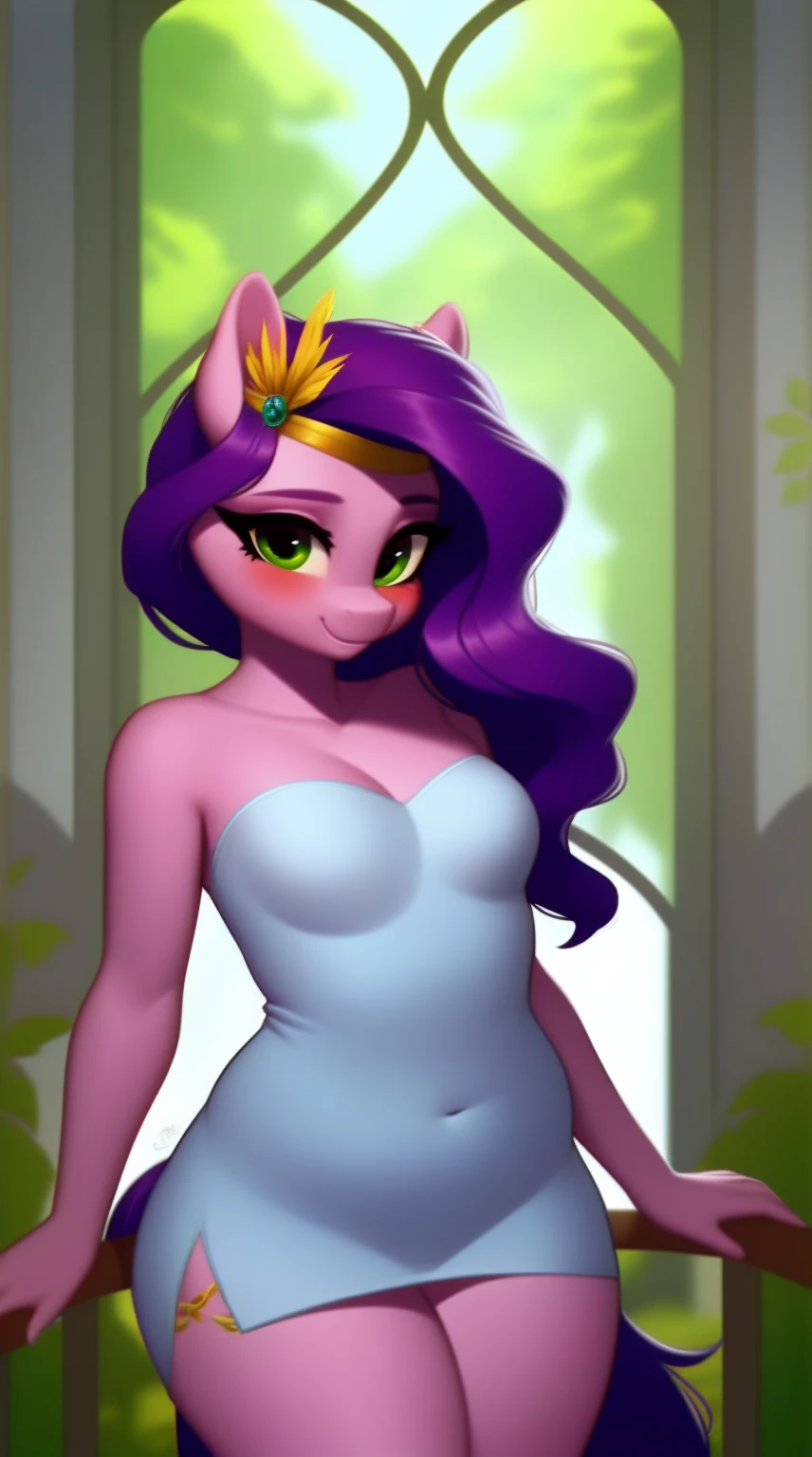 (score_9), (source_pony), (solo), (pegasus), ((anthro pipp petals :1.1)), (strapless dress), sexy, blushing, seductive look, long hair, messy hair, anatomically correct, night garden, flat chest, half body, anime art style, solo, light purple fur, green eyes, hourglass figure, curvy, plump body, , short, chubby, cute, high res, facing straight at viewer,