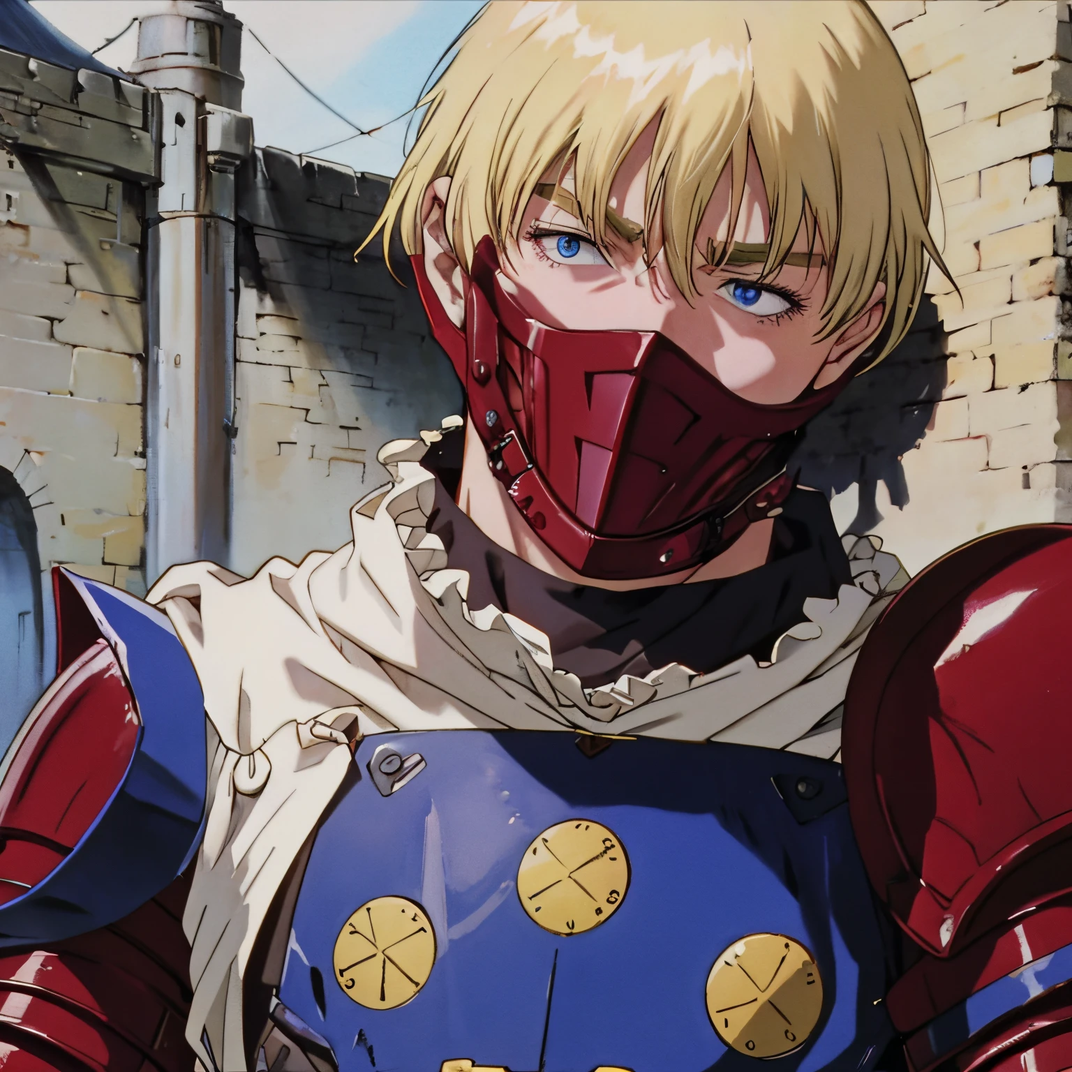 A blonde tough guy in ruby blue armor.