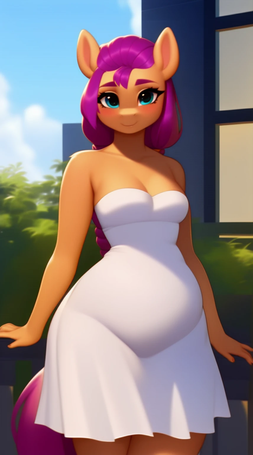 (score_9), (source_pony), (solo), (earth pony), ((anthro Sunny starscout :1.1)), (strapless dress), sexy, blushing, seductive look, long braided hair, anatomically correct, night garden, flat chest, half body, anime art style, solo, hourglass figure, curvy, plump body, young, short, chubby, cute, high res, facing straight at viewer,