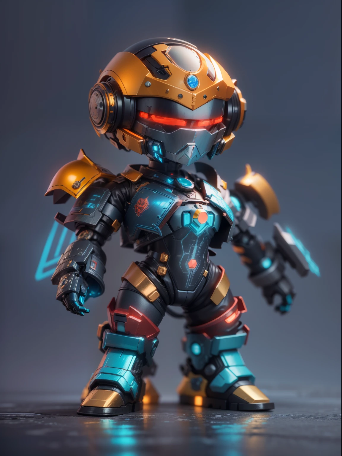(Blind box toy style:1.2), (Full body shot) , 1 cute strong metal mage, Metal mech，Metal opaque helmet, cyber punk perssonage, dreamy glow, Clean, Black draft,red and blue style， ( Global illumination, Ray traching, hdr, unreal render,reasonable design, high detal, Masterpiece, Best quality, hyper HD, Cinematic lighting)