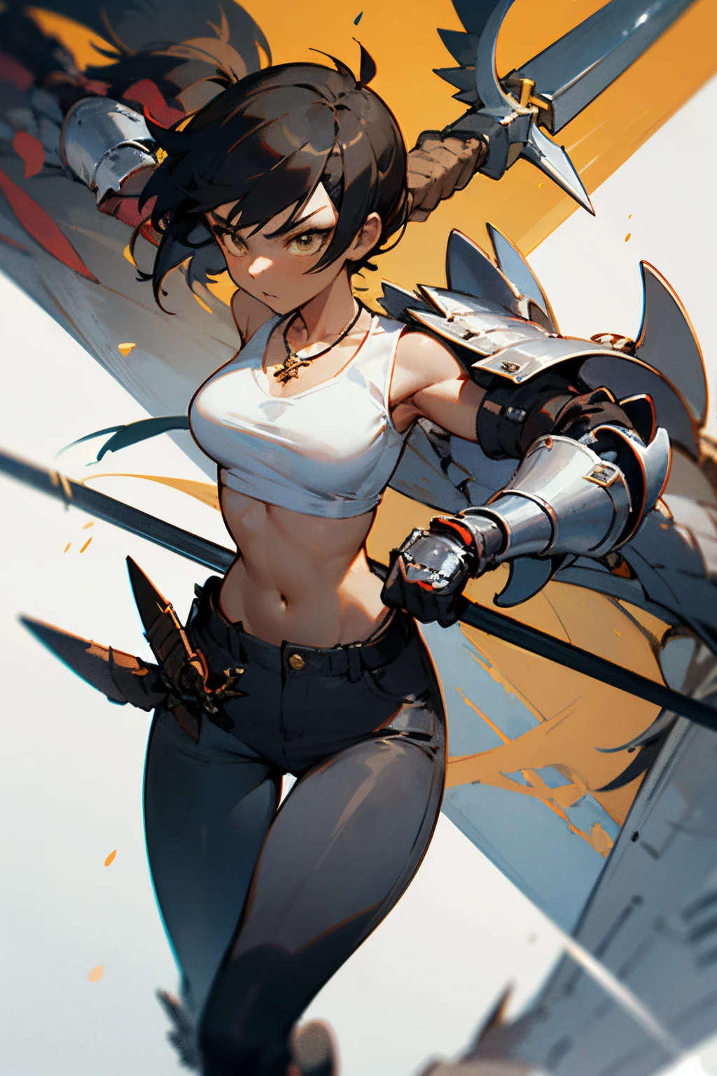 ((best quality)), ((masterpiece)), (detailed), tomboy girl from kamura village in monster hunter rise .
with short two block brown to black hair, yellow iris, and dark skin. with standar tall. G cup breasts.
the weapon is Insect Glaive with dark color. Insect glaive is a long stick with a sharp tip. the weapon is even bigger compare to her. her wright is normal like the other girl at 20's. the body is formed.
the outfit, she wear a white tanktop without body armor with a little necklace and the stomach is seen, wear a dark pants, with iron dark hand armor, iron dark foot armor, iron dark pants armor.