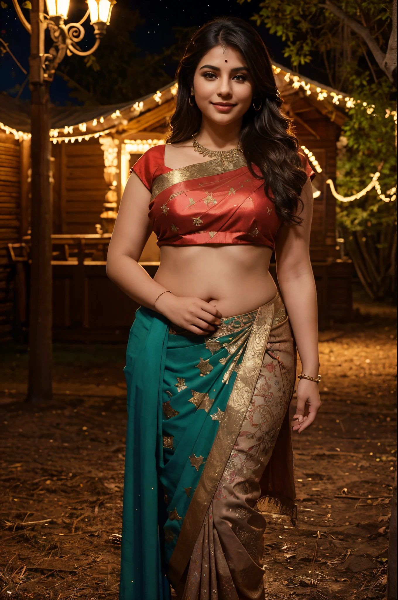 Fantasy setting, bright lights, night scene, forest background, night sky with red moon, stars, romantic and seductive, moonlight, wide angle photo of a indian, 30 yo, vivacious, tattooed, medival indian saree, beautiful legs, mature body, thick thighs, realistic body parts, cheeks, curvy, big breasts, Hollywood lips, long hair, look at viewer and smile, pleasant mood, calm color palette, unified 16k wallpaper, ultra realistic, intricate details, masterpiece, (cinematic:1.3), intricate details, (ArtStation:1.2)