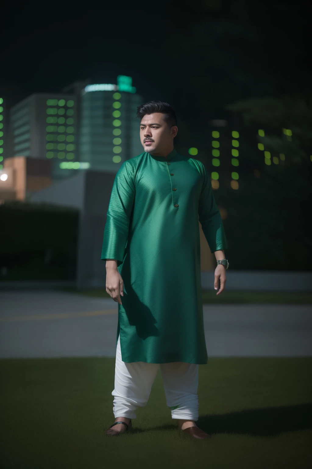 araffe dressed in green standing in front of a building, shot on sony a 7 iii, wearing a kurta, cinematic shoot, shot on canon eos r5, shot on canon eos r 5, shot on nikon z9, shot on sony a 7, taken with sony alpha 9, cinematic full shot, taken with canon 5d mk4, at night time
