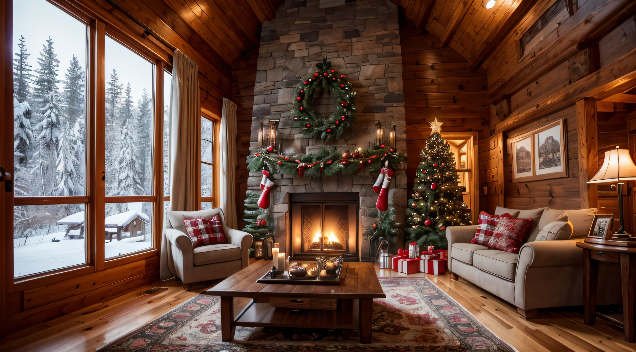 realistic warm and cozy cabin with a fireplace, decorated with Christmas motives, candles, a hot coffee in a table, big windows and is snowing outside, Ultra HD, 4K