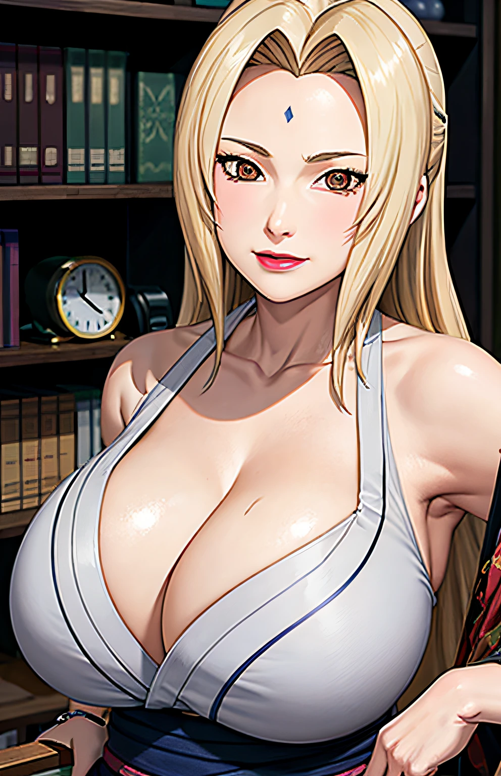 (huge tits), cleavage, good anatomy, masterpiece, best quality, 4k, 8k, professional photography, soft light, sharp focus, 1 girl,  blonde hair, kimono, (mountai), clouds, blonde hair, parted banks, detailed face+brown eyes, smile, closed lips, lipstick, bookshelves, windows,