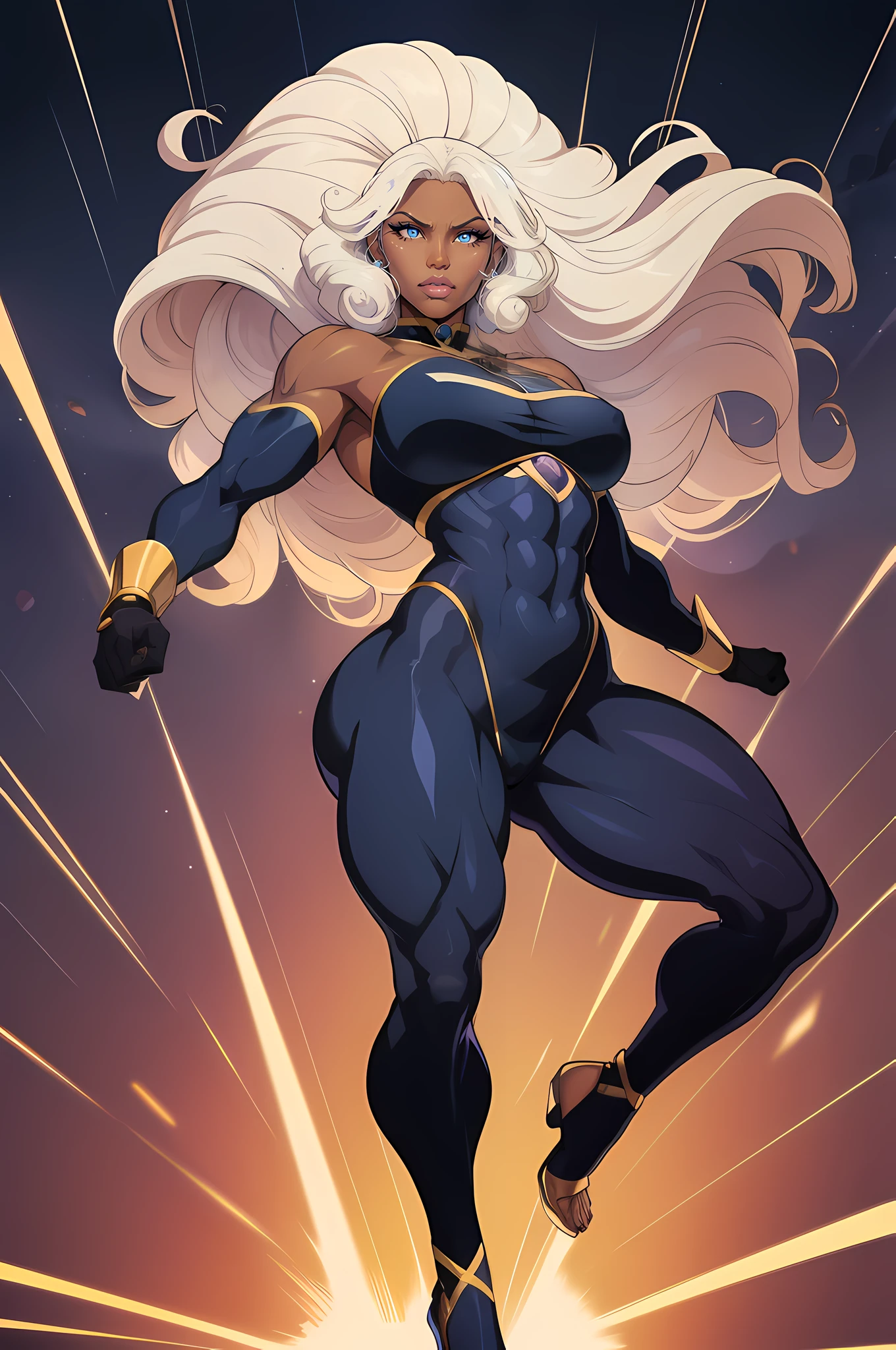 best quality, 1girl, mature woman, ((((tall)))) ((dark skin)), (small breasts), chubby, (muscular legs), long ((curly)) white hair with bangs, Ororo, exposed shoulder (floating in the air), huge lips, eyelashes, blue eyes, black purple gold, bodysuit, gloves, angry,  background, full body