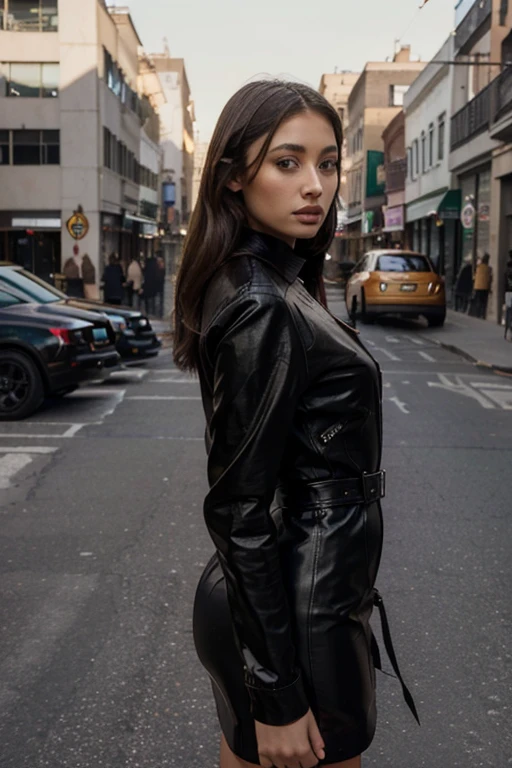 Araffe woman in black dress standing on the street with cars in the background, Violet Myers, dressed in black, Beautiful jade tailor, Wearing a leather jacket, Portrait Sophie Mudd, Wearing a leather jacket, wearing short leather jacket, lorena avarez, wearing a leather jacket, beautiful beautiful woman, brown eyes, tan skin, seductive, secular crisa