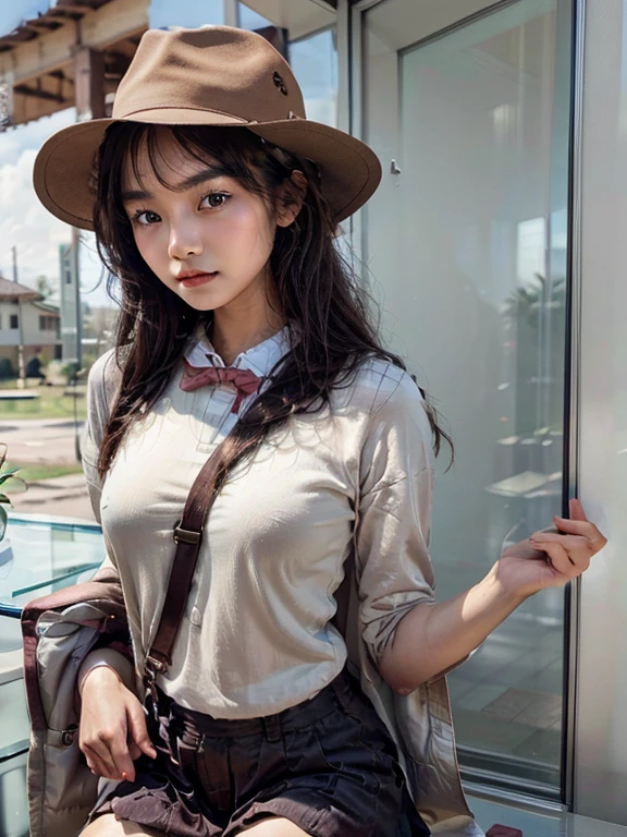 17 years old girl, beautiful asian girl, scout girl, black hair, wear brown scout uniform, natural beauty, small body, brown scout hat