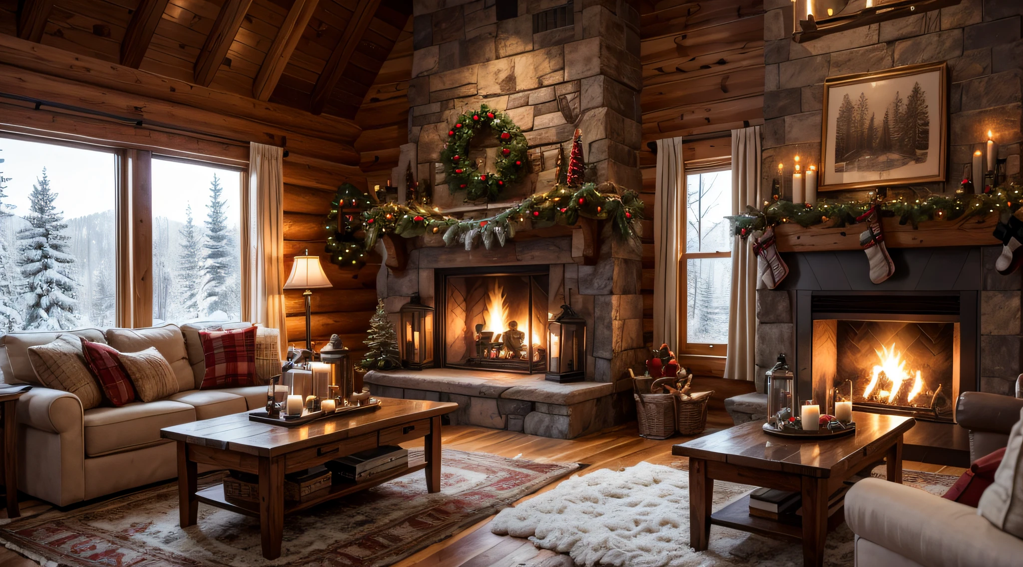 realistic warm and cozy cabin with a fireplace, decorated with Christmas motives, candles, a hot coffee in a table, big windows and is snowing outside, Ultra HD, 4K