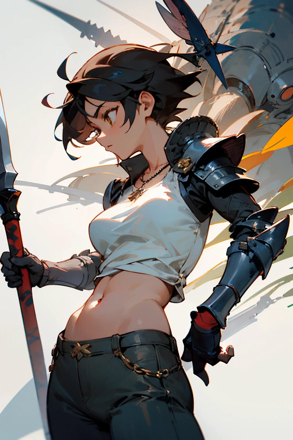 ((best quality)), ((masterpiece)), (detailed), tomboy girl from kamura village in monster hunter rise .
with short two block brown to black hair, yellow iris, and dark skin. with standar tall. G cup breasts.
the weapon is Insect Glaive with dark color. Insect glaive is a long stick with a sharp tip. the weapon is even bigger compare to her. her wright is normal like the other girl at 20's. the body is formed.
the outfit, she wear a white tanktop without body armor with a little necklace and the stomach is seen, wear a dark pants, with iron dark hand armor, iron dark foot armor, iron dark pants armor.