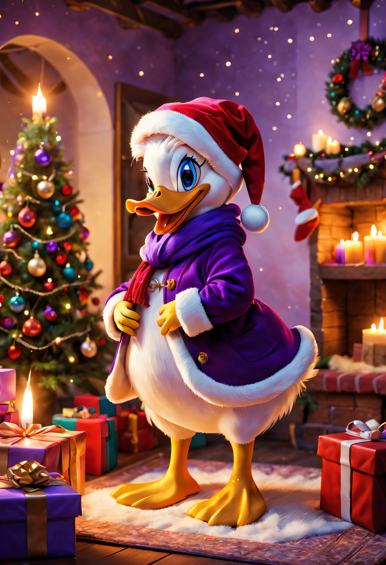 Daisy duck in festival room,It's filled with colorful gifts and a beautifully decorated Christmas tree, Purple coat,Wearing Santa hat and red scarf, Surrounded by warm fairy lights and candles, Using digital illustration as a medium, Vibrant colors and pastel, diffuselighting.