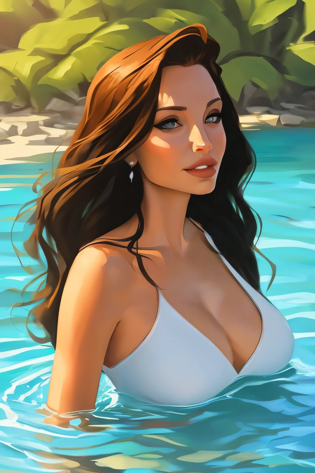 Samdoesart, painting of anjelina jolie with a white shirt in the water, inspirado em samdoesart, Retrato cartoon em um rio, molhada