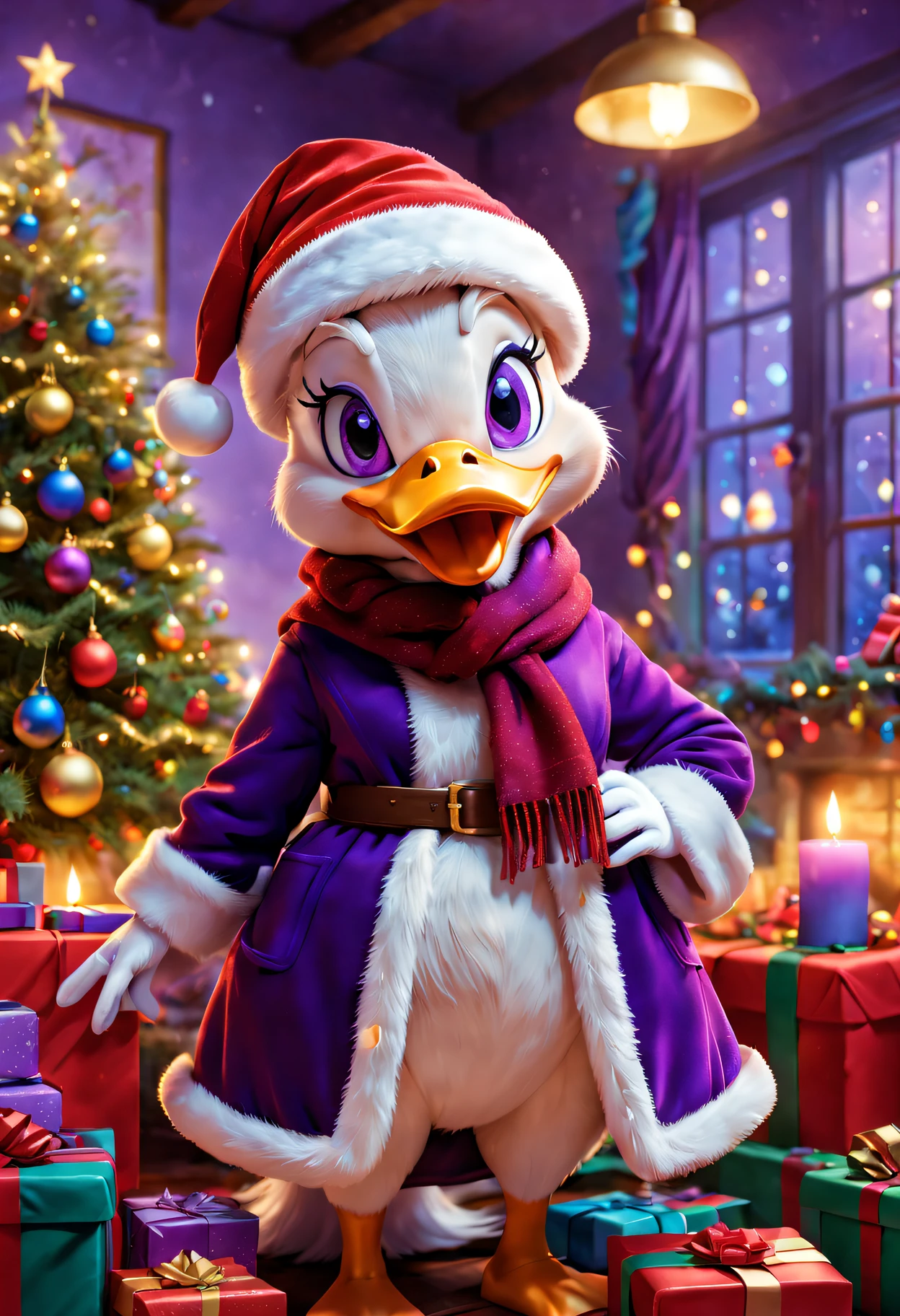 Daisy duck in festival room，It&#39;s filled with colorful gifts and a beautifully decorated Christmas tree, Purple coat,Wearing Santa hat and red scarf, Surrounded by warm fairy lights and candles, Using digital illustration as a medium, Vibrant colors and pastel, diffuselighting.