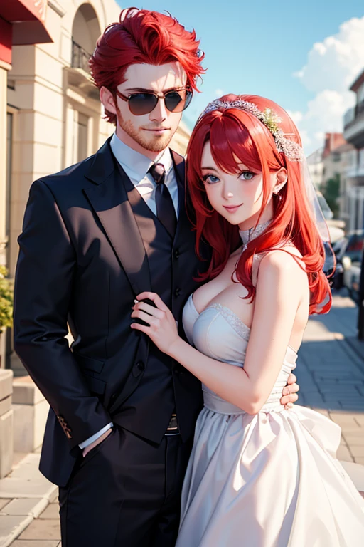 A red-haired man wearing sunglasses hugs a red-haired, blue-eyed woman. Perfect wedding scene The details are clear. Maximum resolution 4k